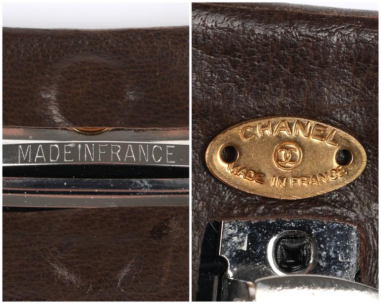 CHANEL Brown Leather Gold CC Logo French Classic Hair Clip Barrette For