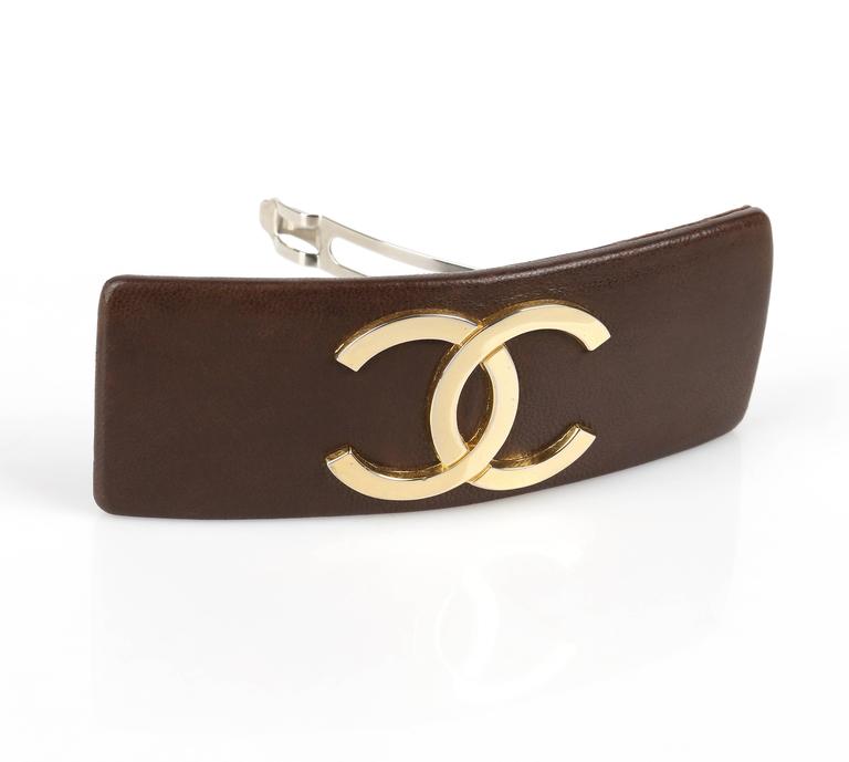 CHANEL Brown Leather Gold CC Logo French Classic Hair Clip Barrette For