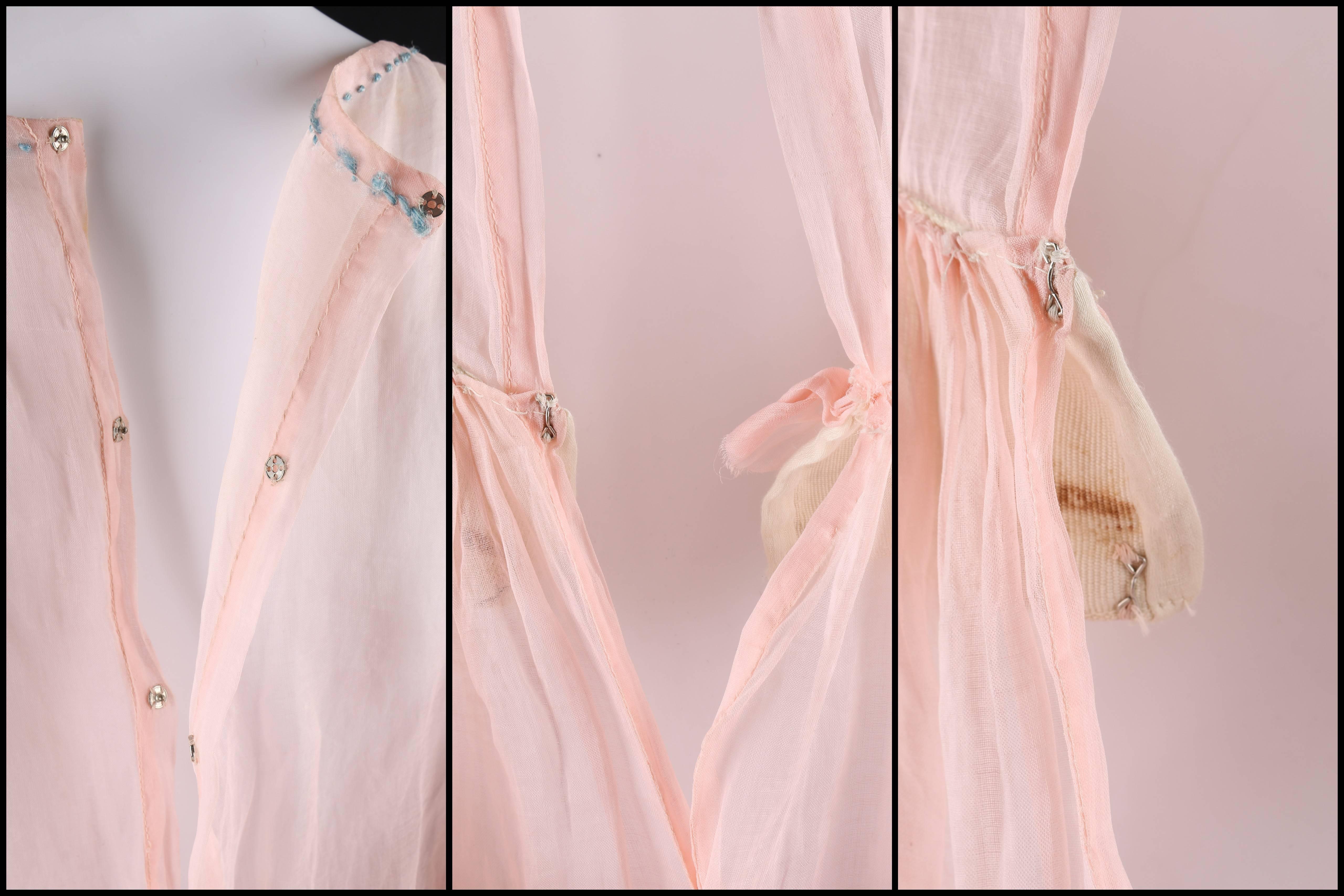 COUTURE Late 1910's Edwardian Pink Silk Organza Embroidered Sheer Day Dress In Excellent Condition In Thiensville, WI