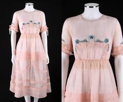 COUTURE Late 1910's Edwardian Pink Silk Organza Embroidered Sheer Day Dress