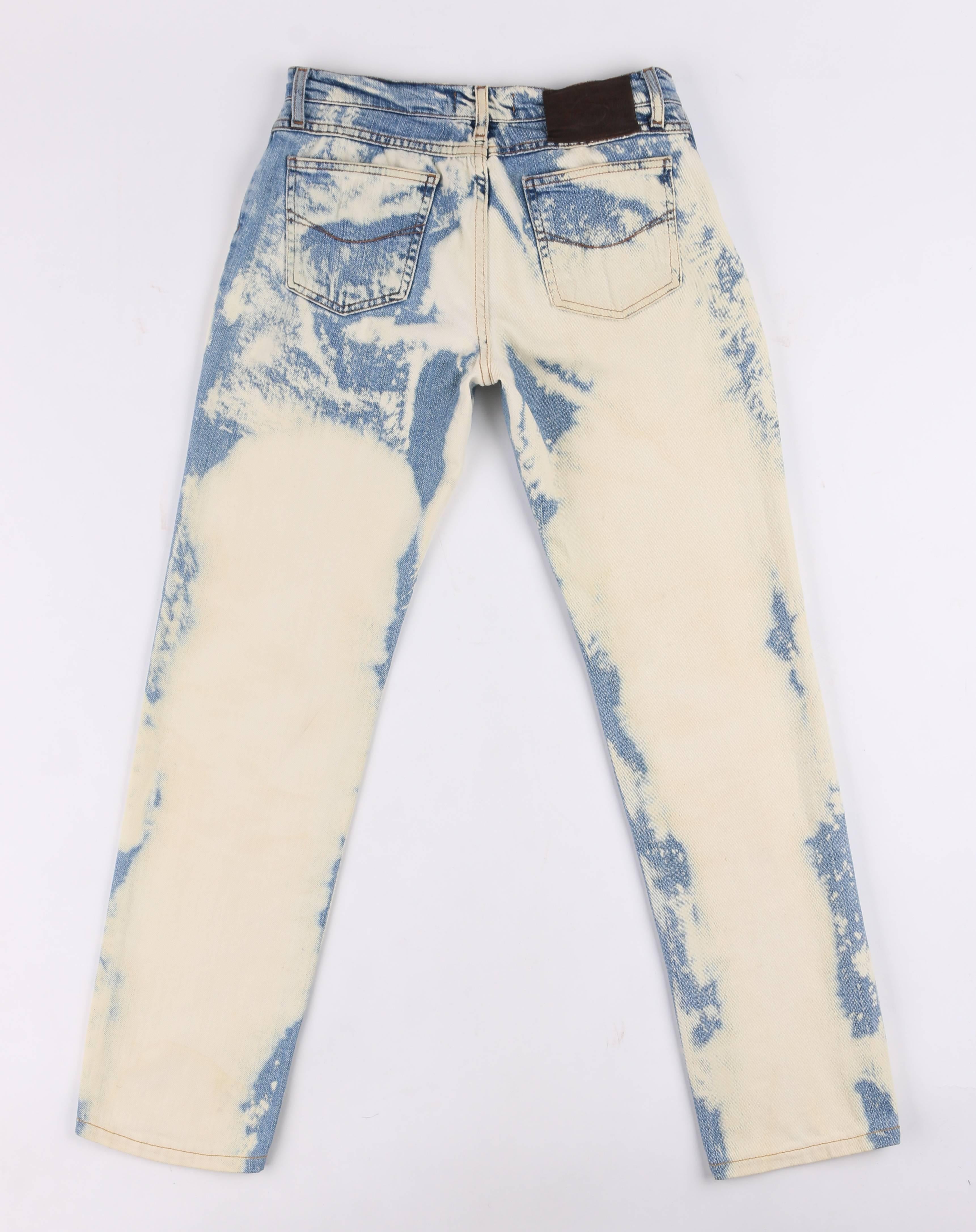 Extremely rare early 1998's Romeo Gigli bleach/acid wash mid-rise straight leg jeans. Classic five pocket design. Center front zip fly with silver 