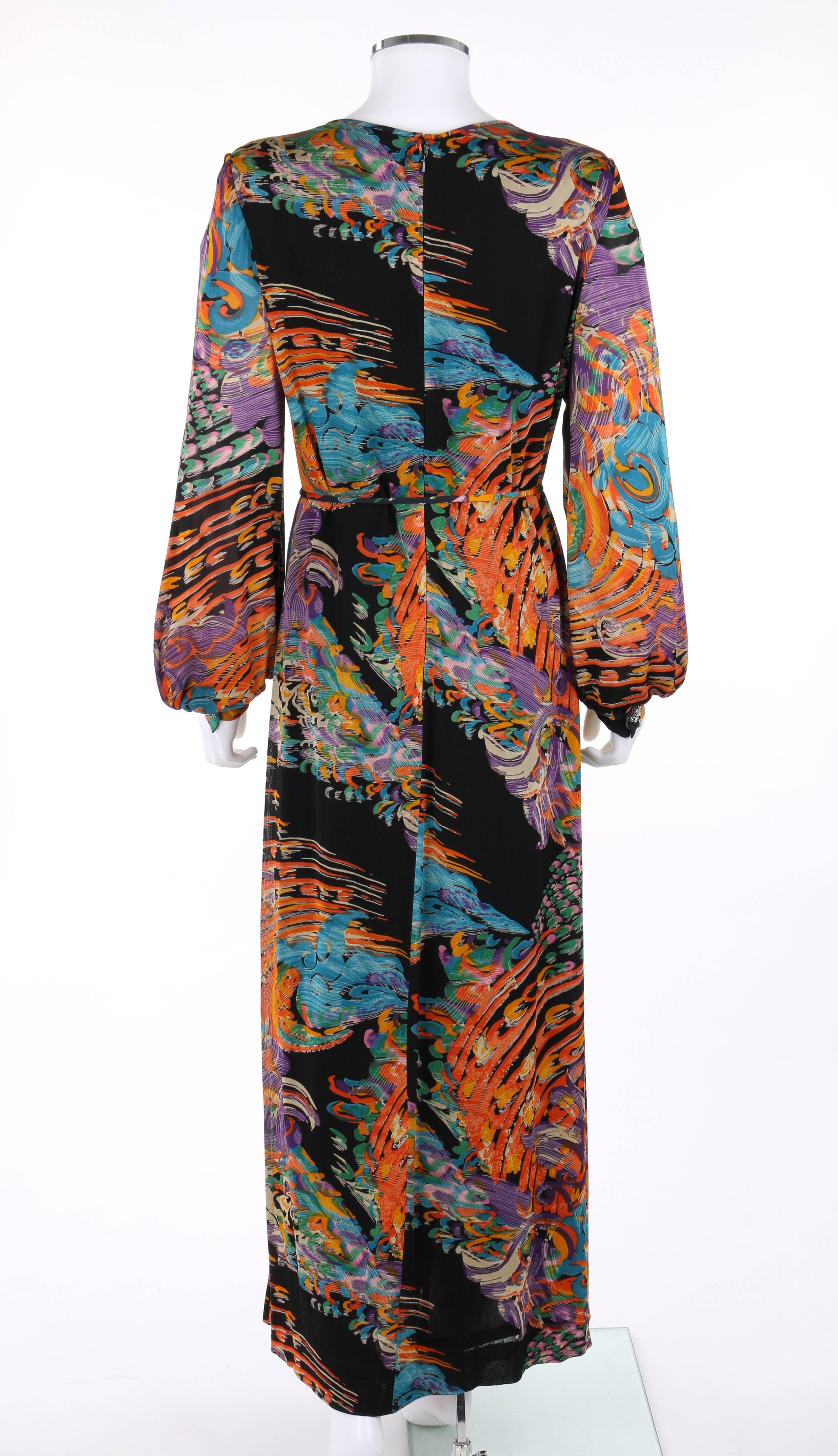 Black GIVENCHY Nouvelle Boutique c.1970's Multicolor Painterly Print Maxi Dress + Belt For Sale