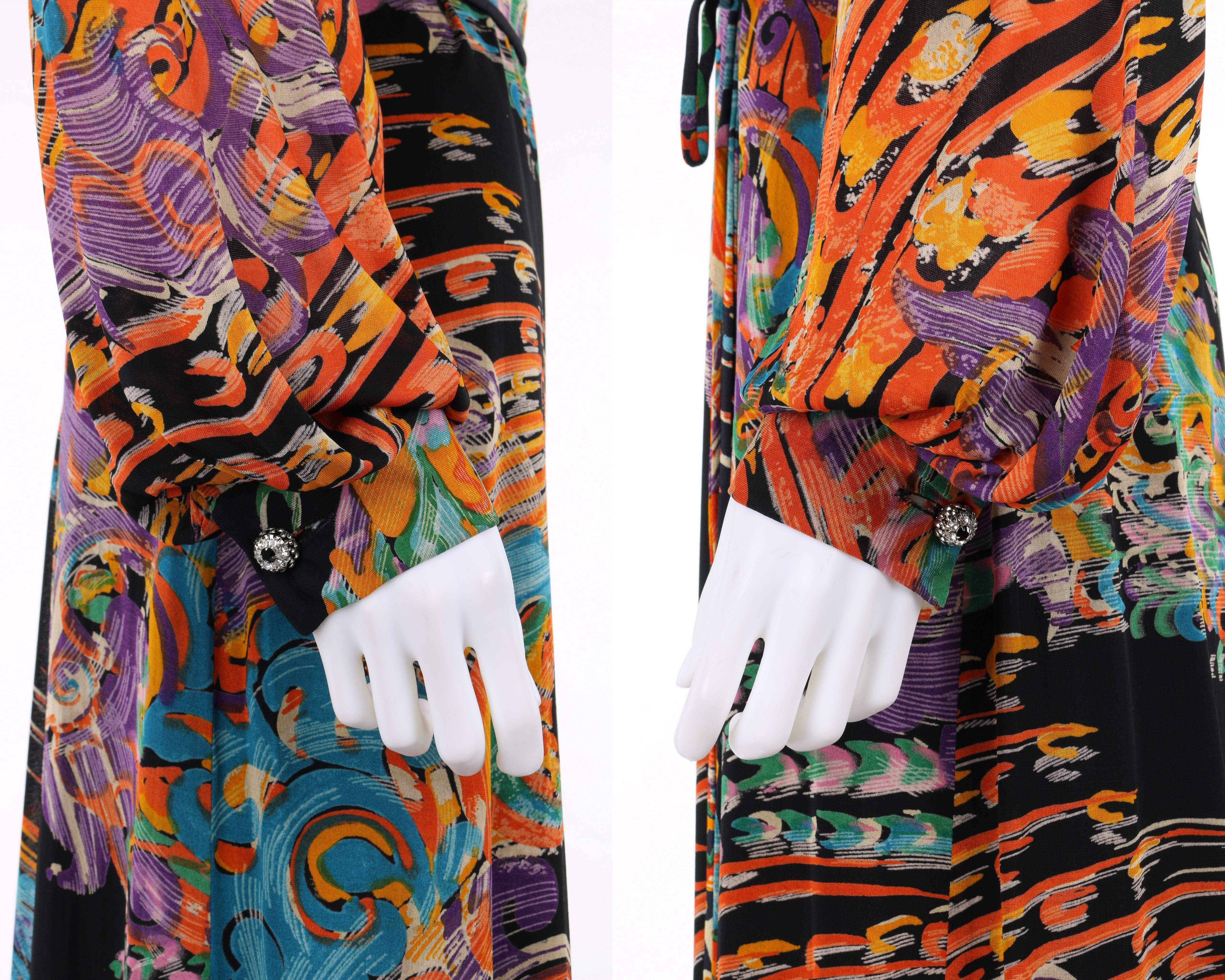 GIVENCHY Nouvelle Boutique c.1970's Multicolor Painterly Print Maxi Dress + Belt For Sale 1
