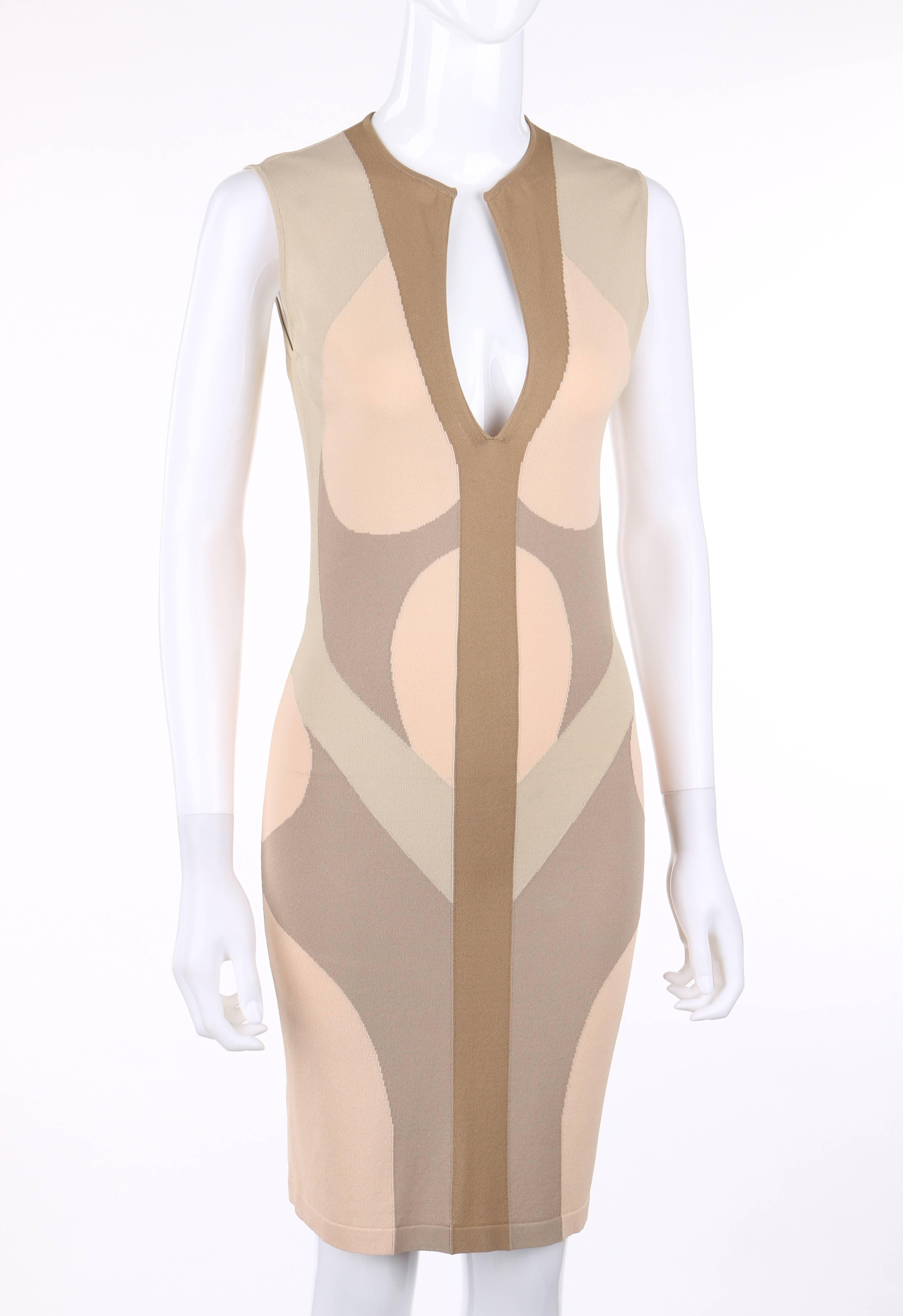 Alexander McQueen Resort 2009 multicolor colorblock sheath dress in shades of beige, gray, and tan. Low keyhole neckline. Sleeveless. Slip-on style. Marked Fabric Content: 