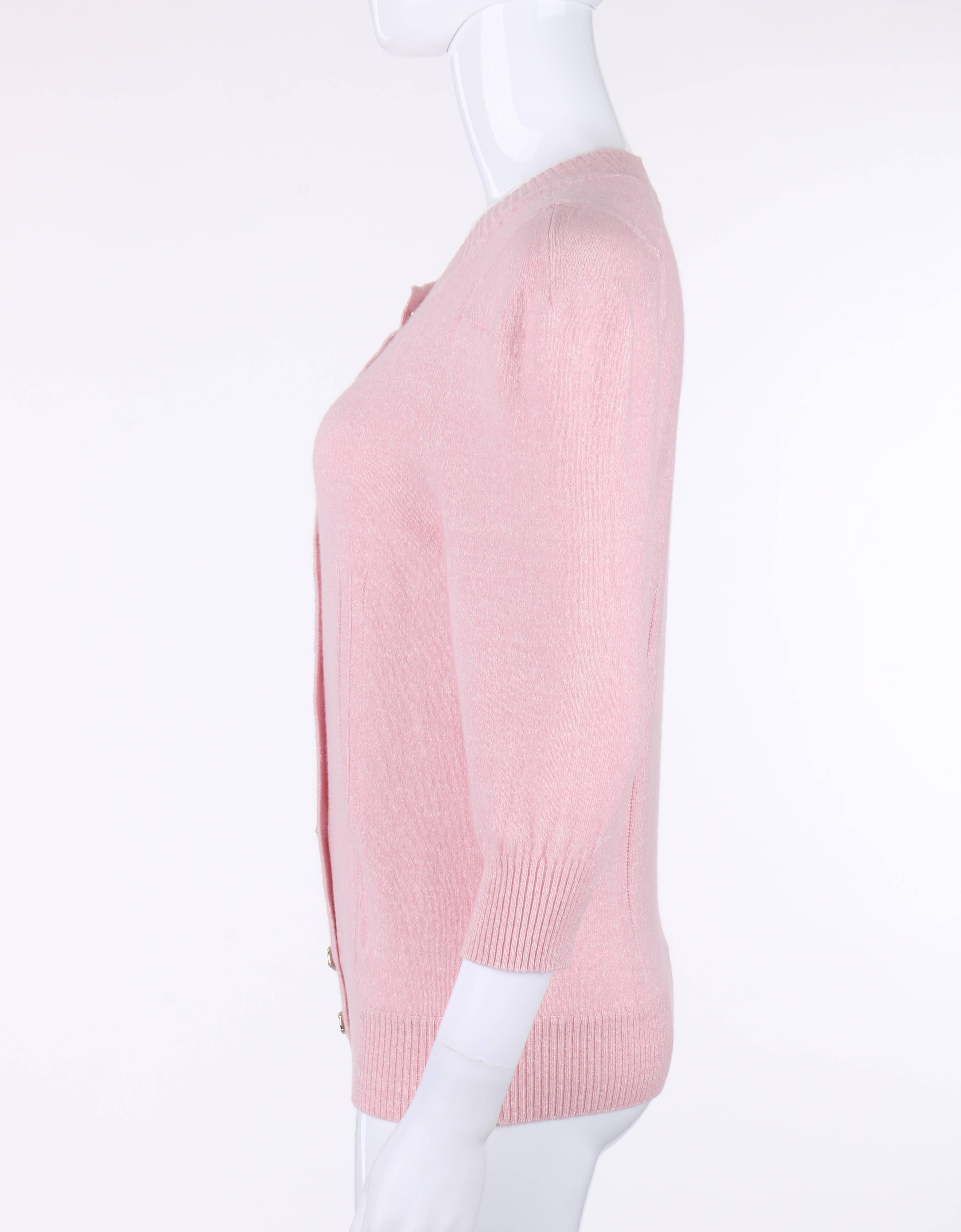 CHANEL Resort 2013 Light Pink Cashmere Linen 3/4 Sleeve Knit Cardigan Sweater In Excellent Condition In Thiensville, WI