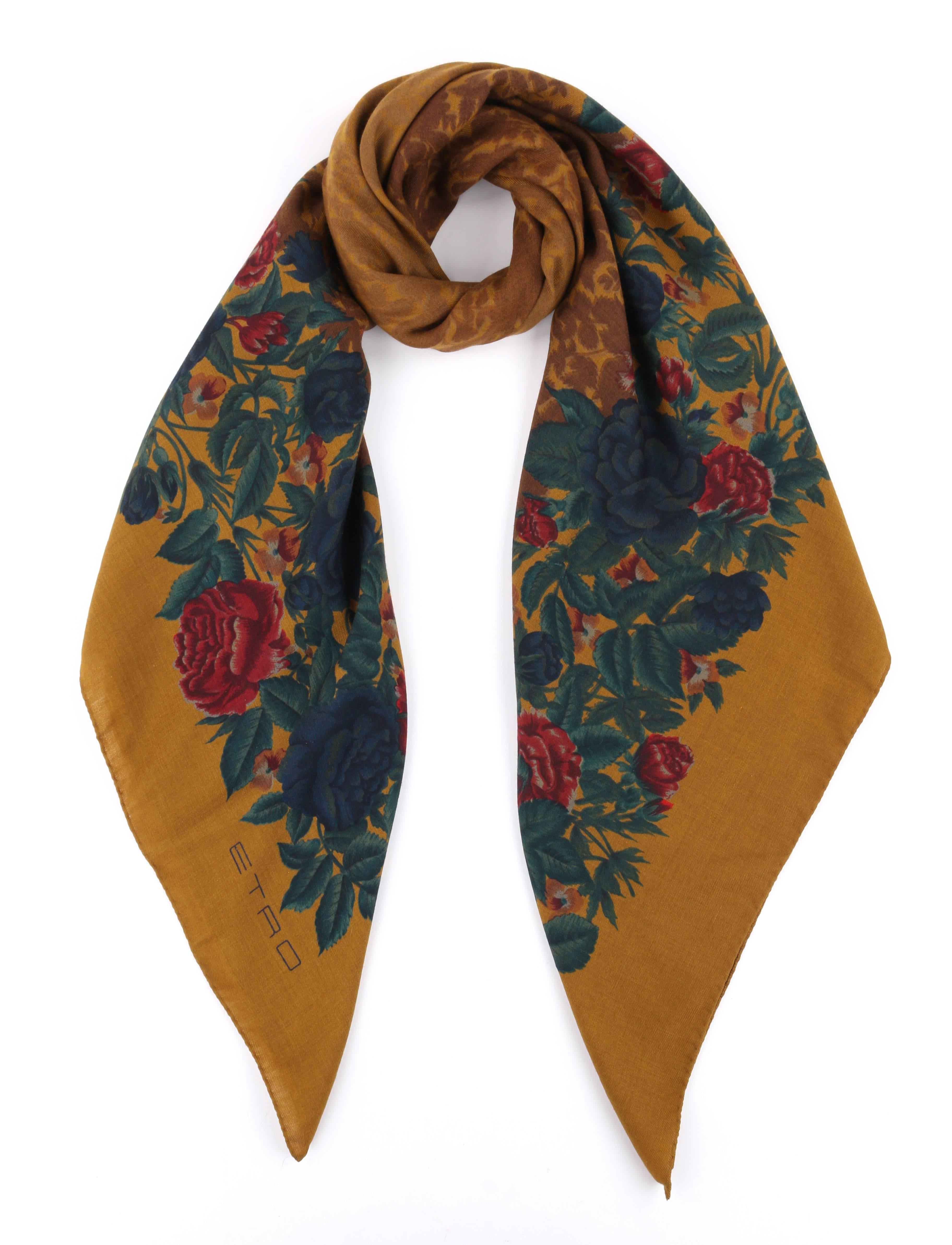 ETRO Gold Multicolor Floral Print Large Wool Silk Wrap Scarf  In New Condition In Thiensville, WI