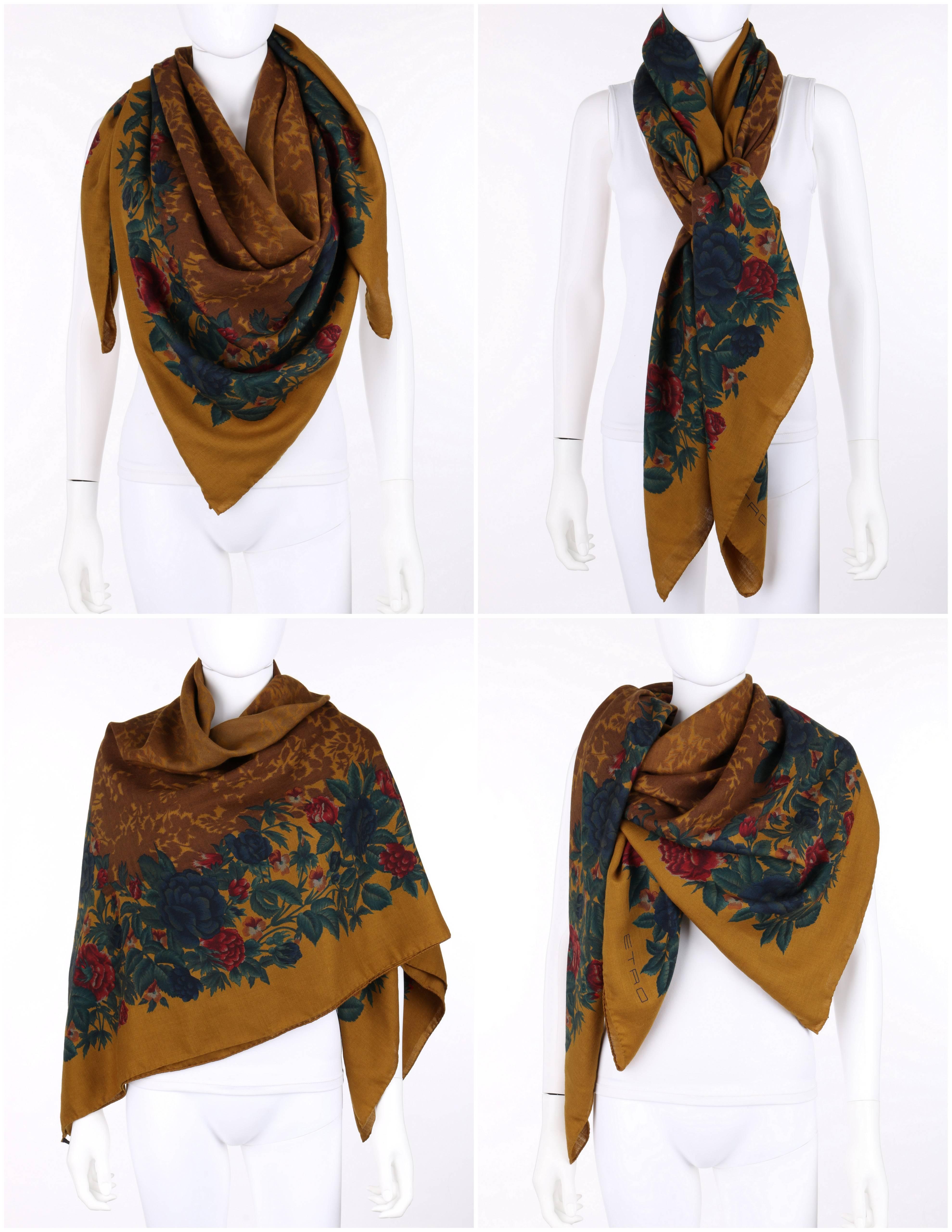 Women's ETRO Gold Multicolor Floral Print Large Wool Silk Wrap Scarf 