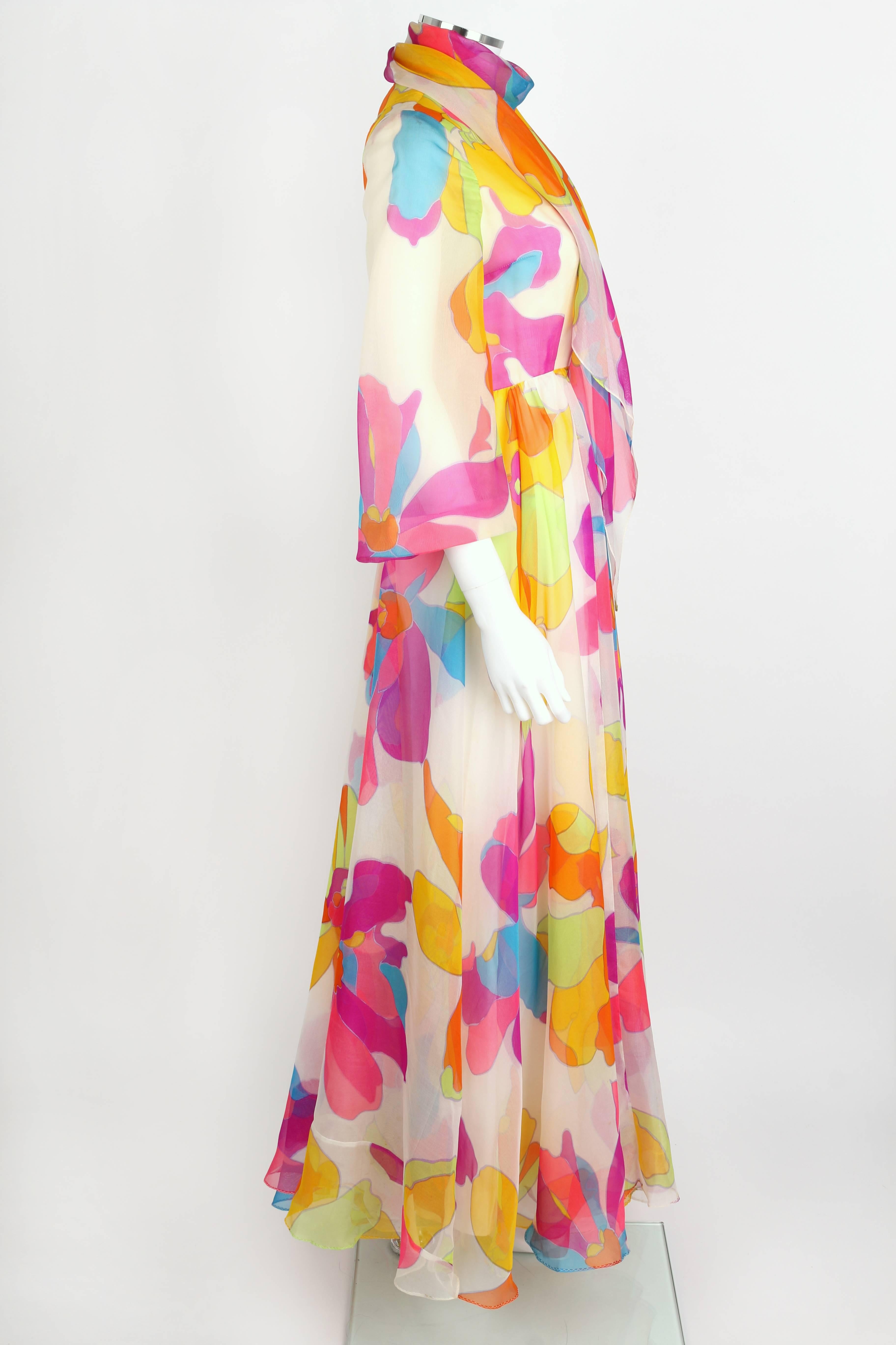 Women's KIKI HART c.1970's White Multicolor Psychedelic Floral Print Chiffon Maxi Dress 