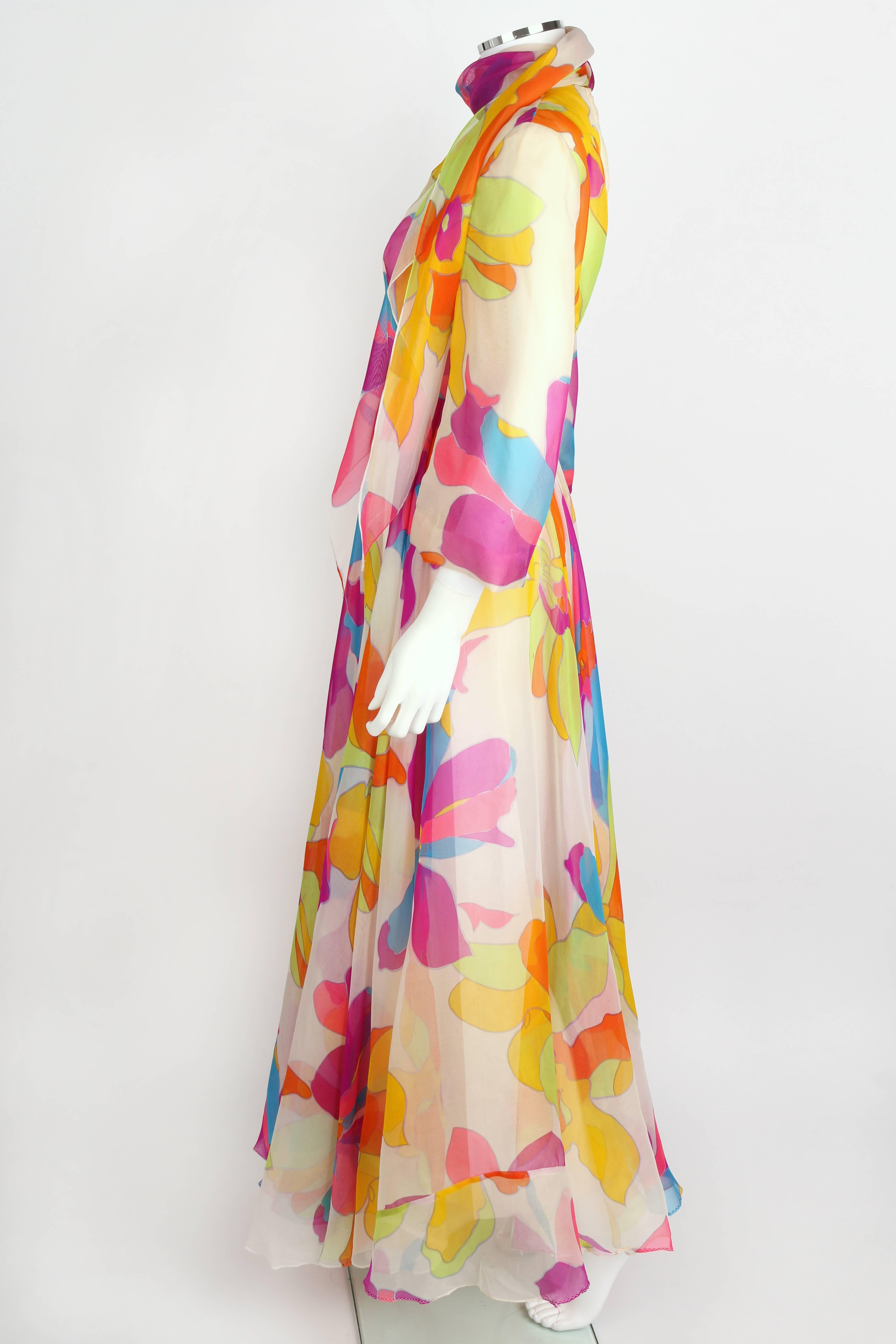 KIKI HART c.1970's White Multicolor Psychedelic Floral Print Chiffon Maxi Dress  2