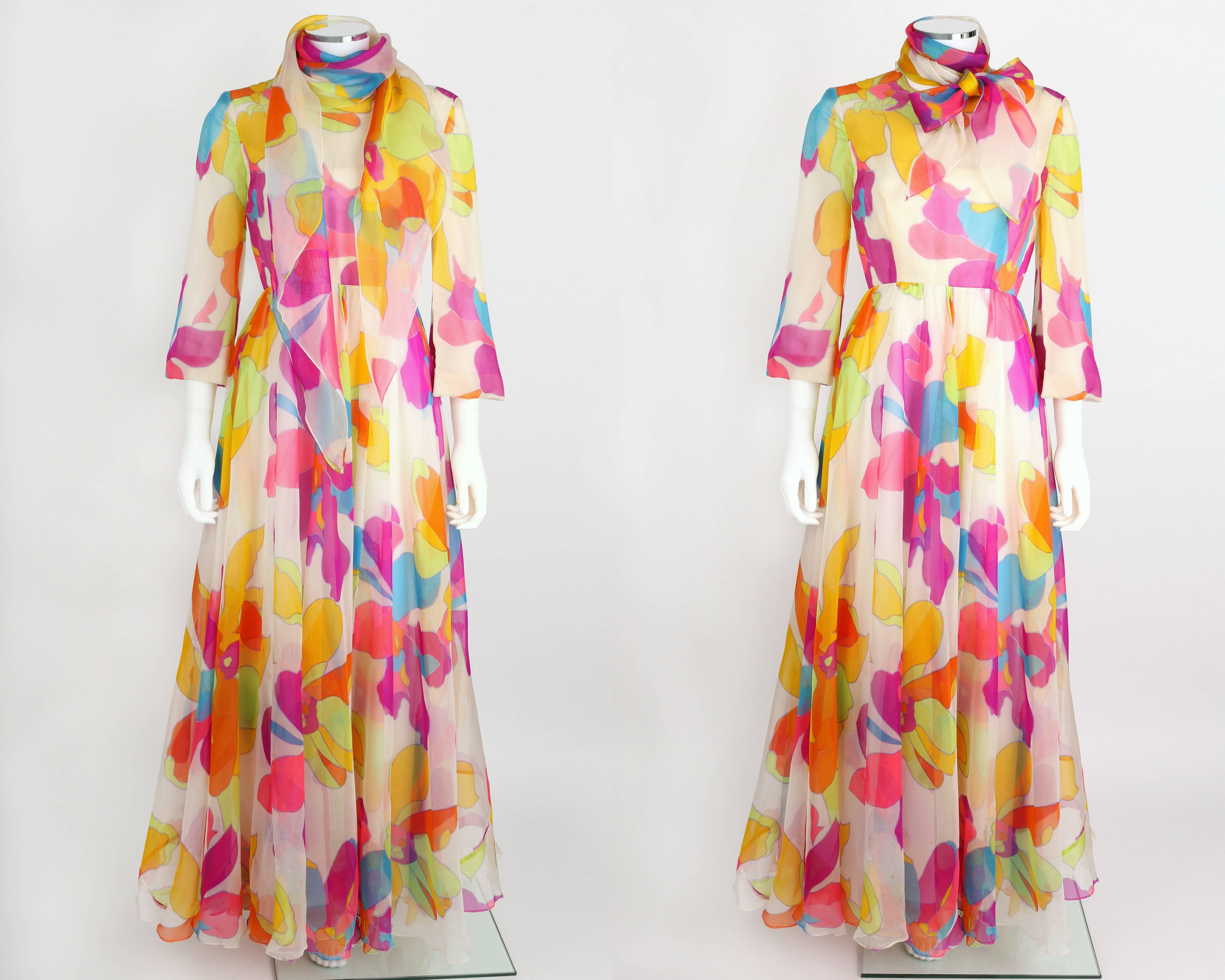 KIKI HART c.1970's White Multicolor Psychedelic Floral Print Chiffon Maxi Dress  In Excellent Condition In Thiensville, WI
