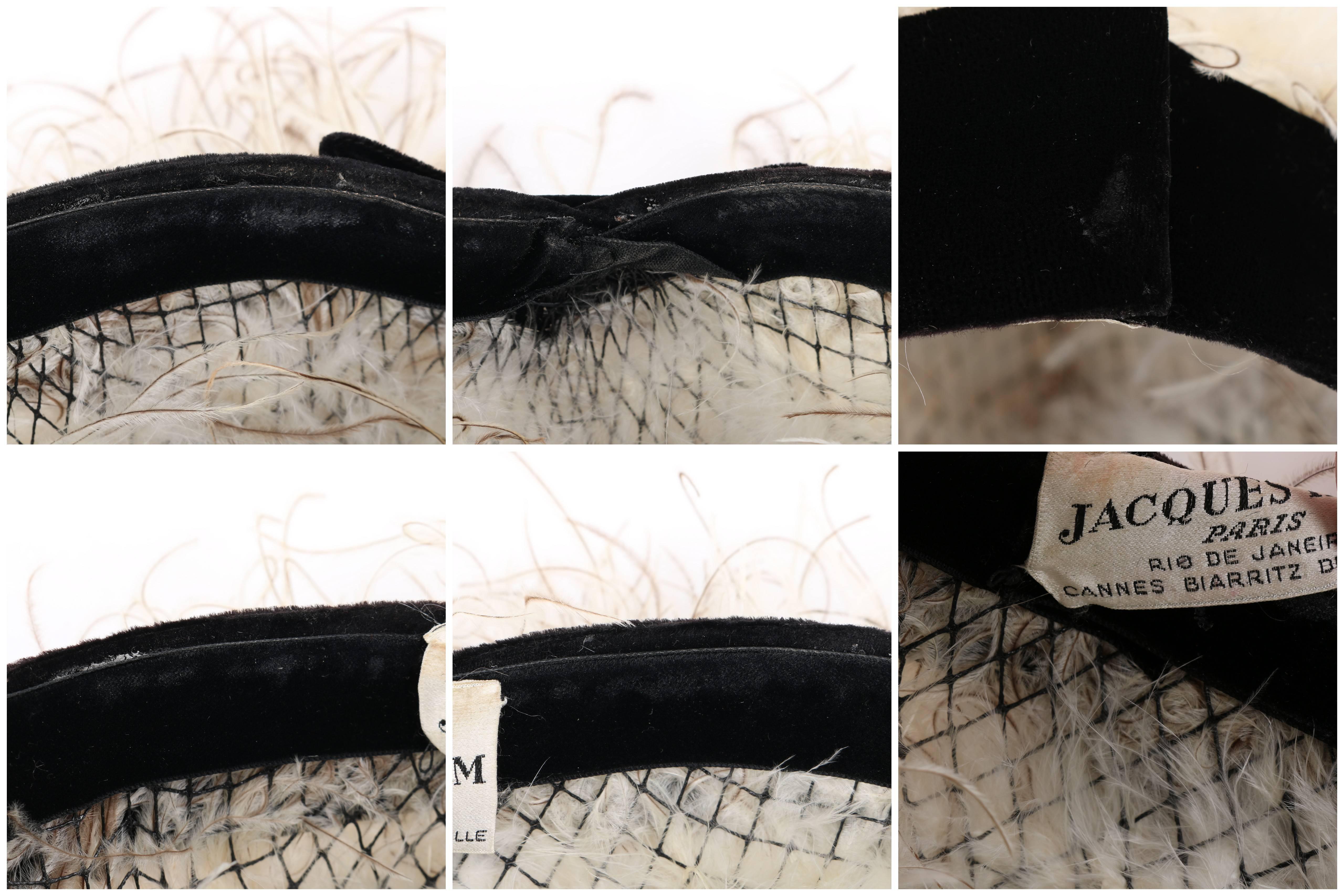 JACQUES HEIM c.1960's Natural Ostrich Feather & Black Silk Velvet Cocktail Hat 5