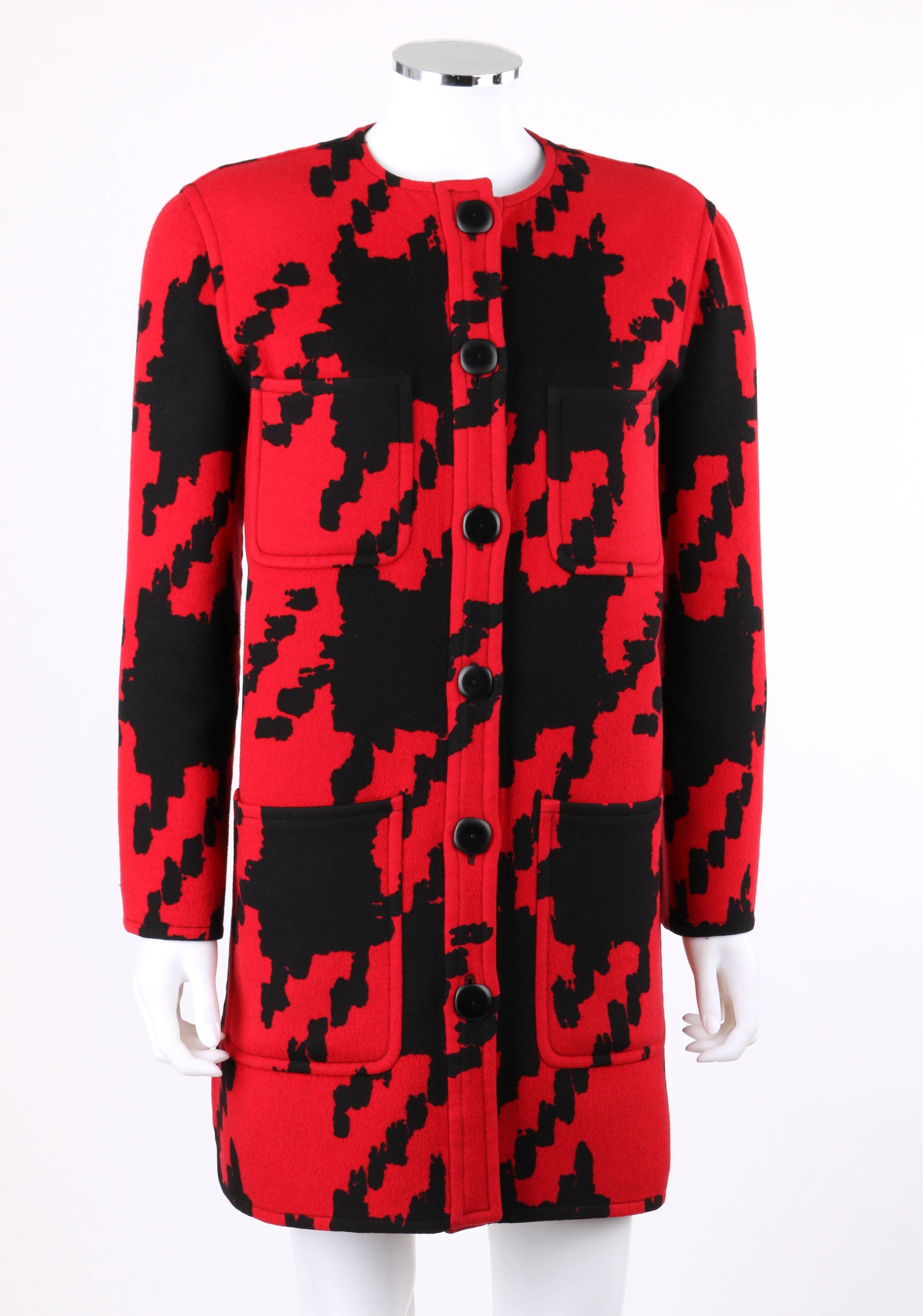 Vintage Valentino Boutique c.1980's red and black over-sized houndstooth print wool car coat. Long sleeves with two button detail at cuff. Crew neckline. Six center front square button closures. Four large patch pockets at front. Two side seam