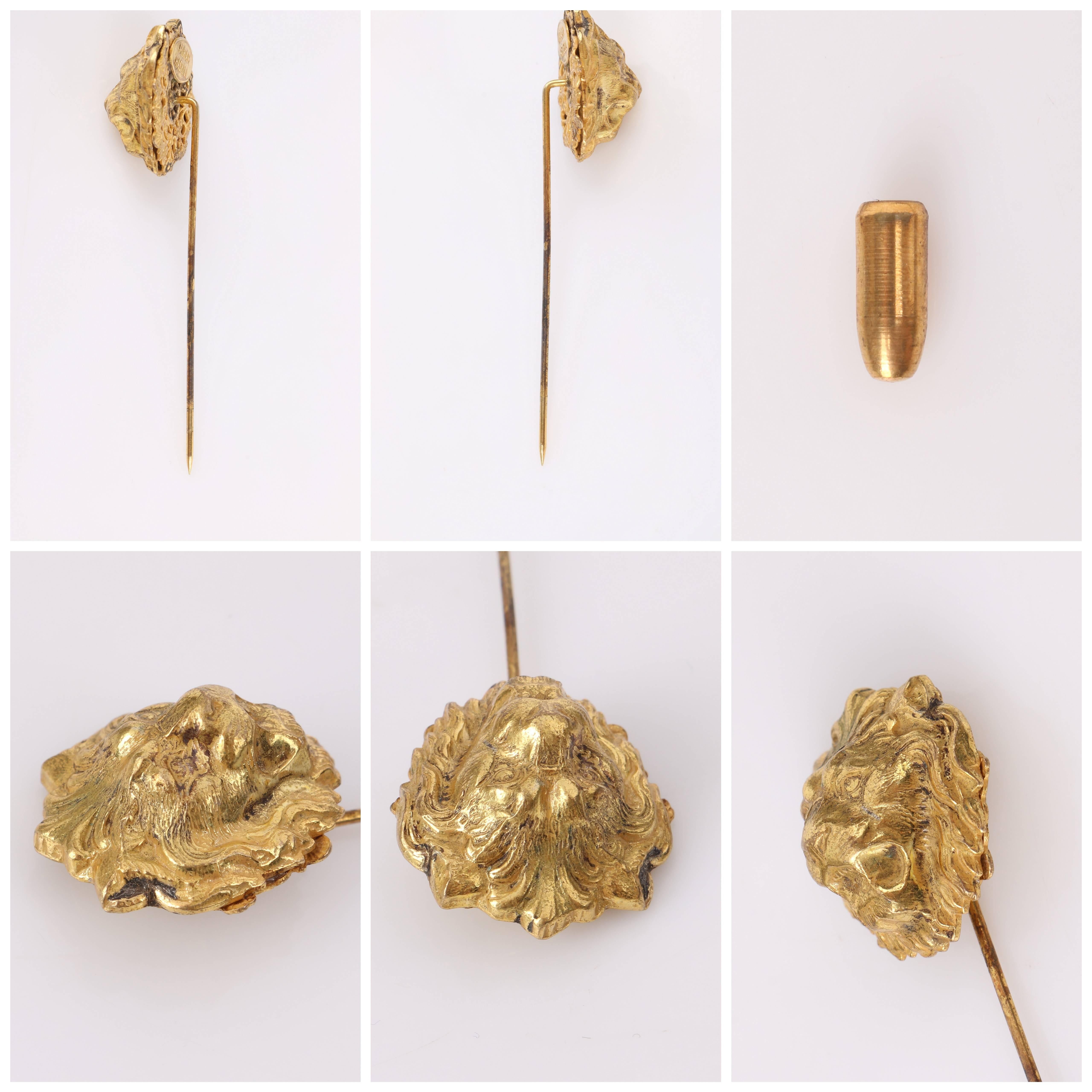 MIRIAM HASKELL c.1950's Gold 3-D Leo Lion Head Lapel Brooch Hat Stick Pin NOS 3