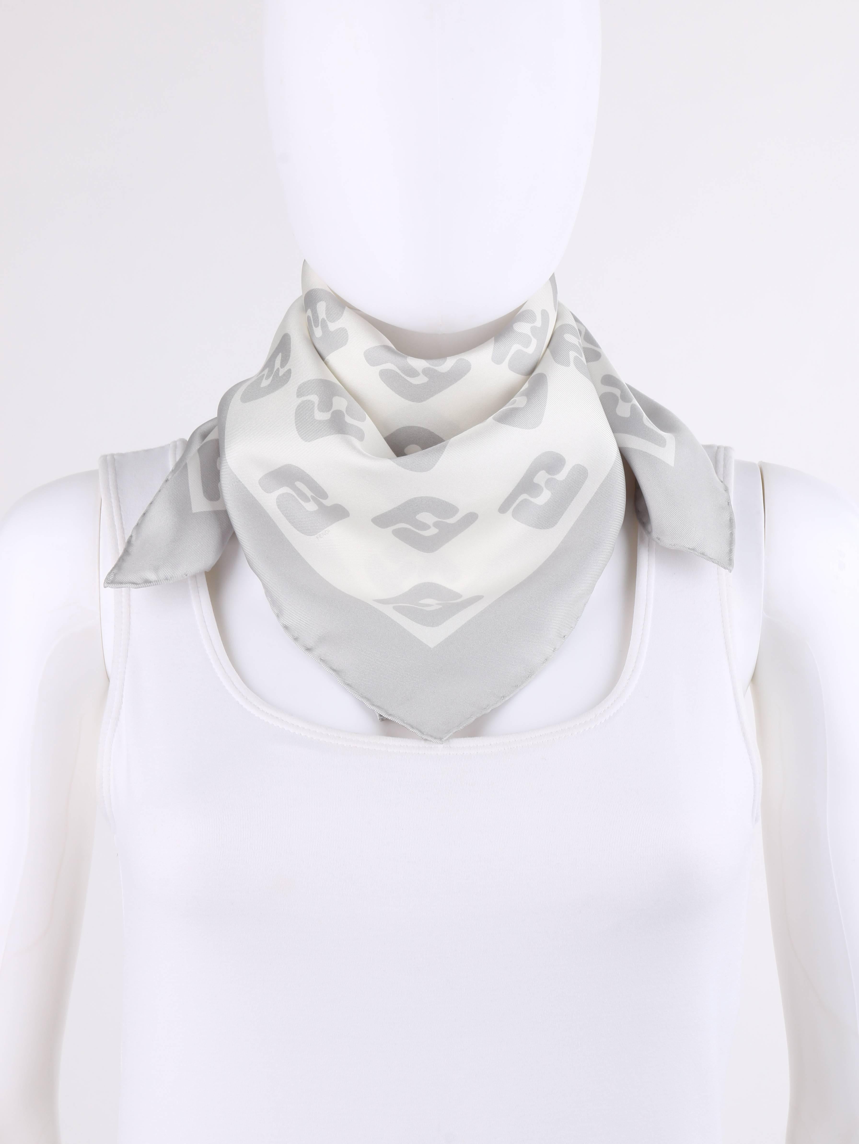 Fendi winter white and silver gray Zucca print silk scarf. Silver gray solid boarder. Winter white center with silver gray Zucca (