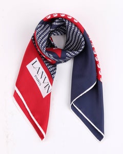 LANVIN Navy Blue & Red Geometric Botanical Colorblock Print Silk Scarf