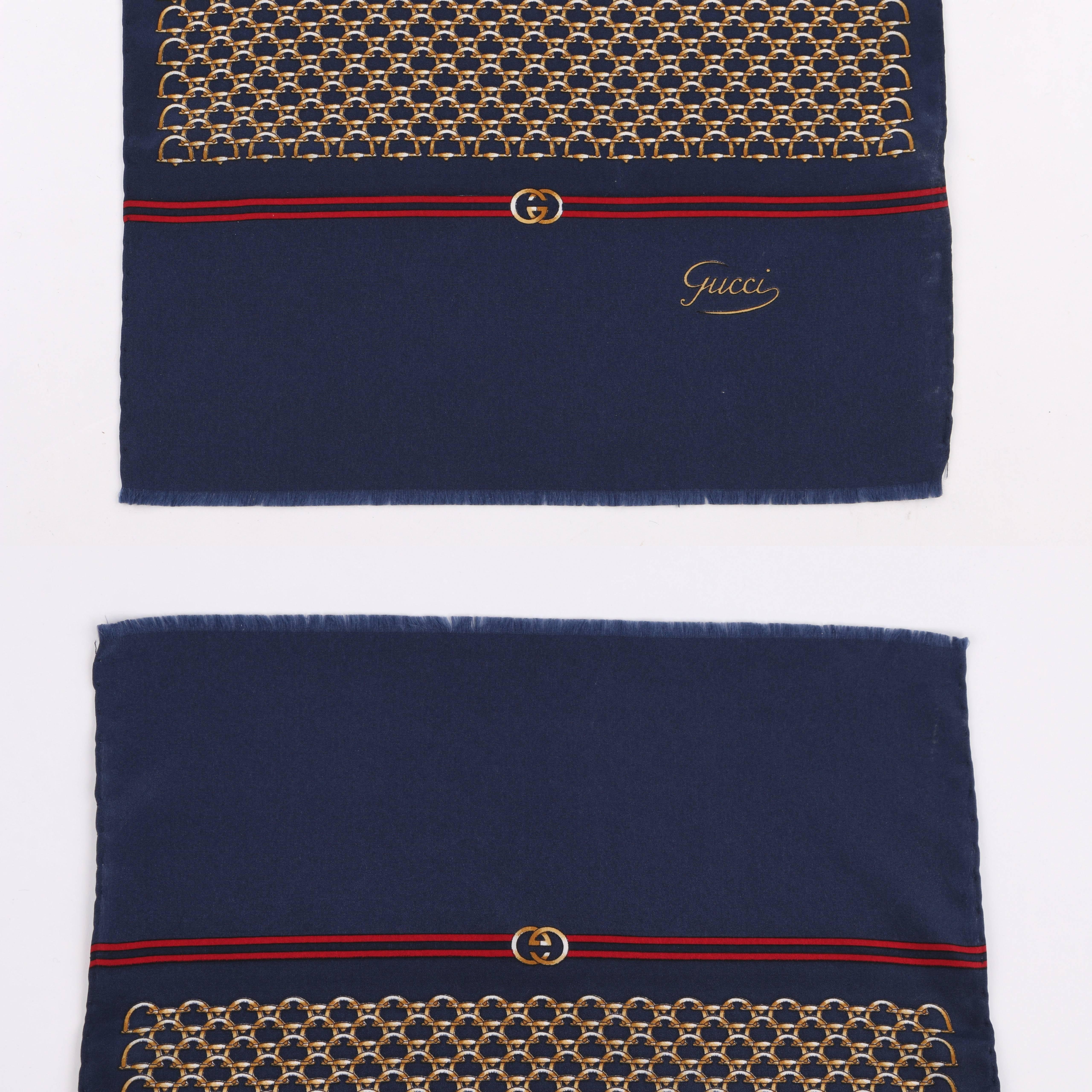 GUCCI c.1980's Navy Blue & Gold Horsebit Print Silk Oblong Scarf In Good Condition In Thiensville, WI