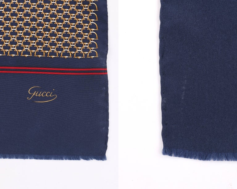 GUCCI c.1980's Navy Blue and Gold Horsebit Print Silk Oblong Scarf For ...