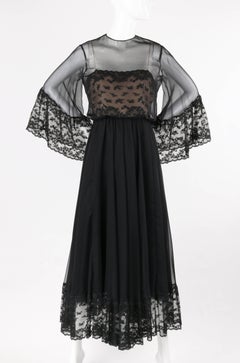 VICTORIA ROYAL LTD. c.1970's Black Chiffon Bell Sleeve Illusion Evening Gown