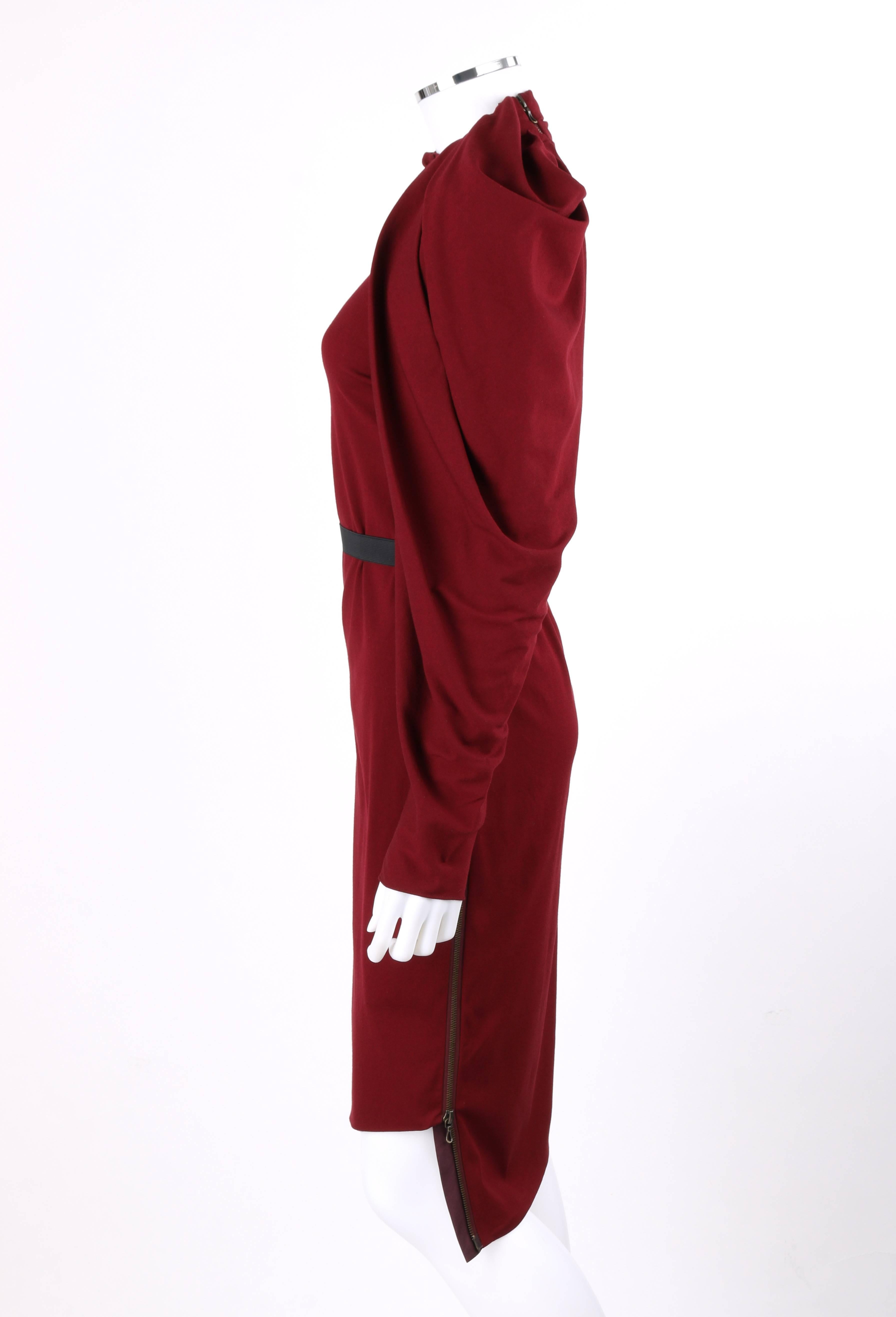 LANVIN A/W 2011 Burgundy Red Wool Asymmetrical Draped Sleeve Cocktail Dress In Good Condition In Thiensville, WI