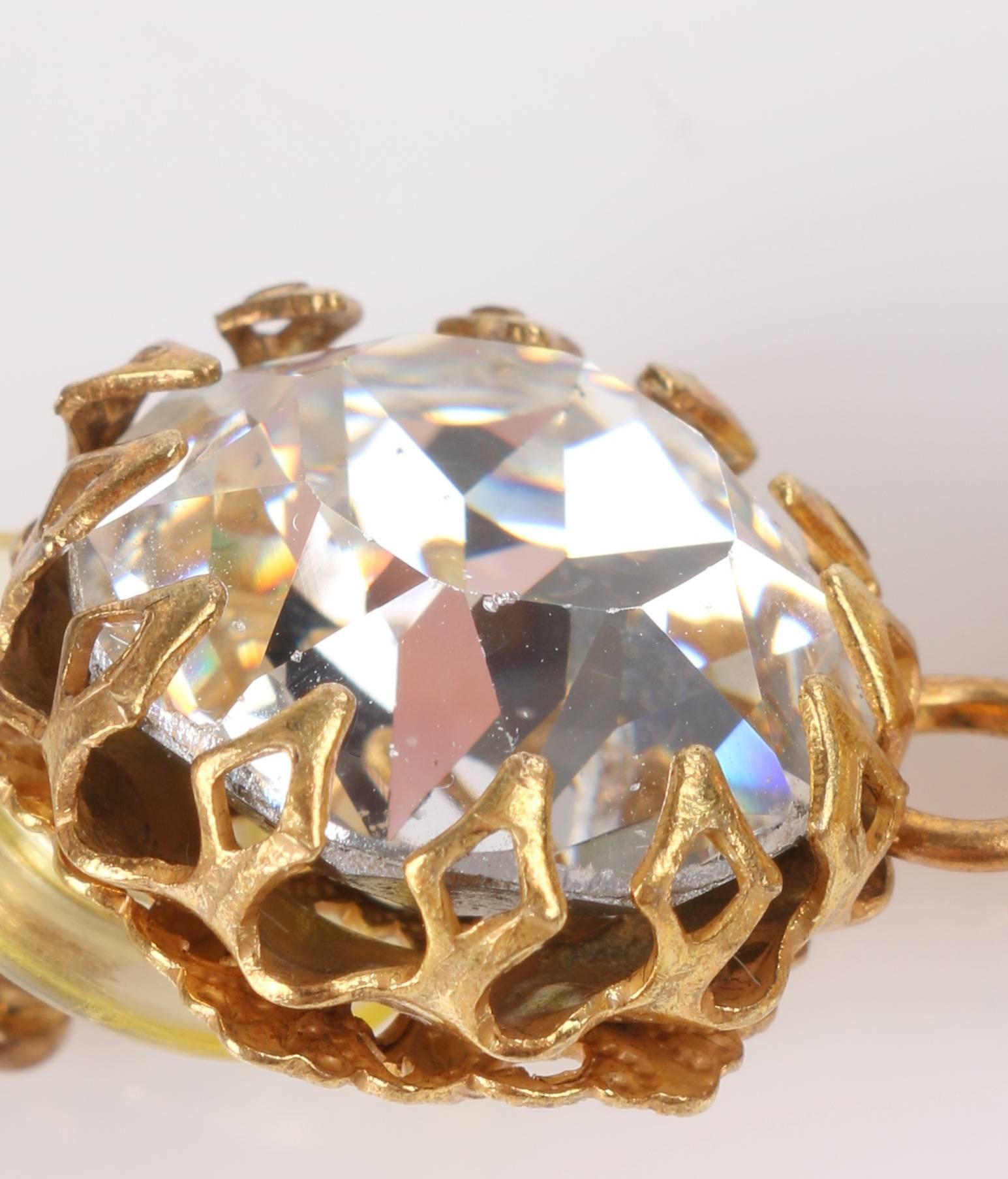 c.1960's Large Gold Crystal Rhinestone Double Hoop Dangle Statement Earrings 1