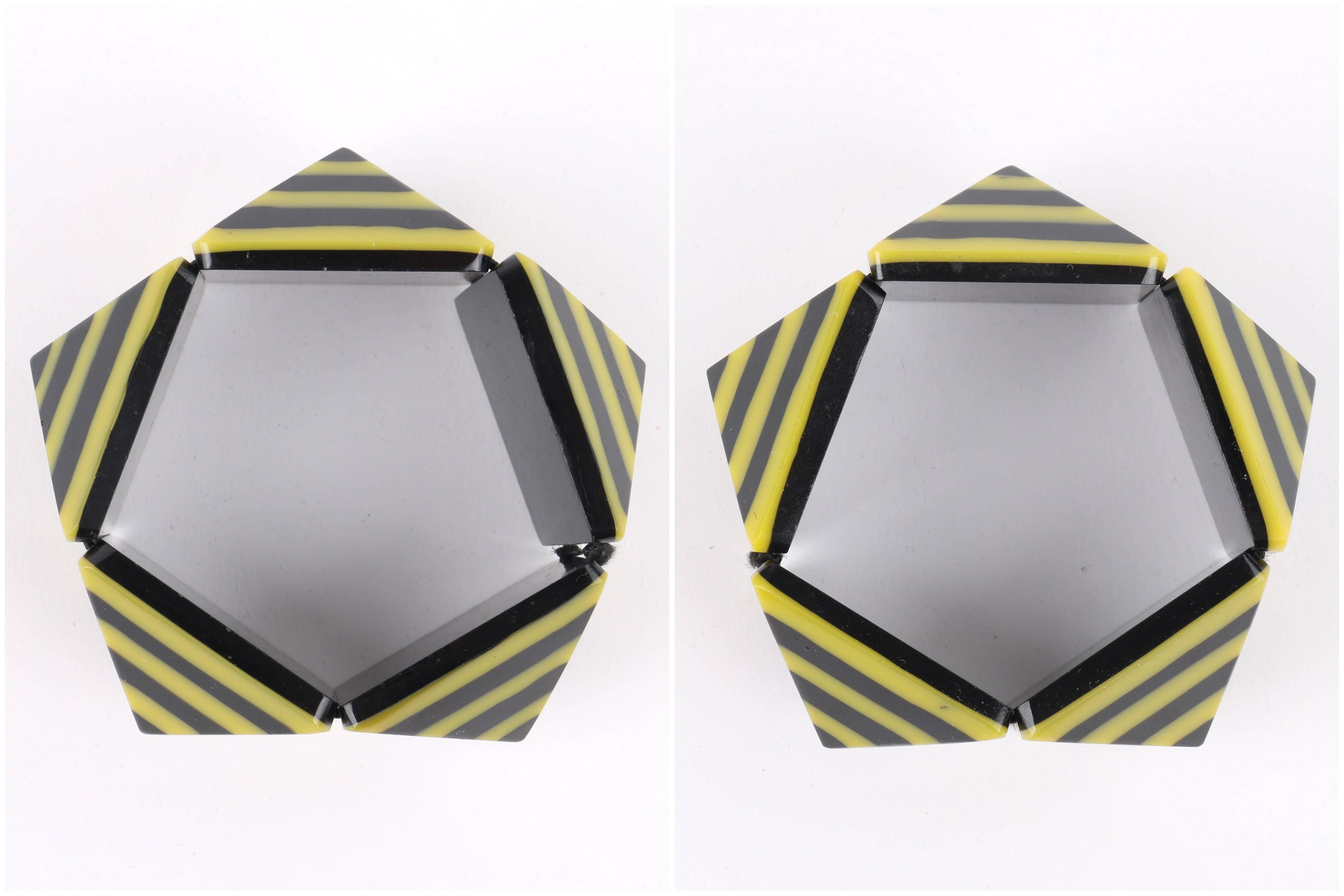 c.1980's Black & Yellow Lucite Pyramid Geometric Stretch Bracelet  5
