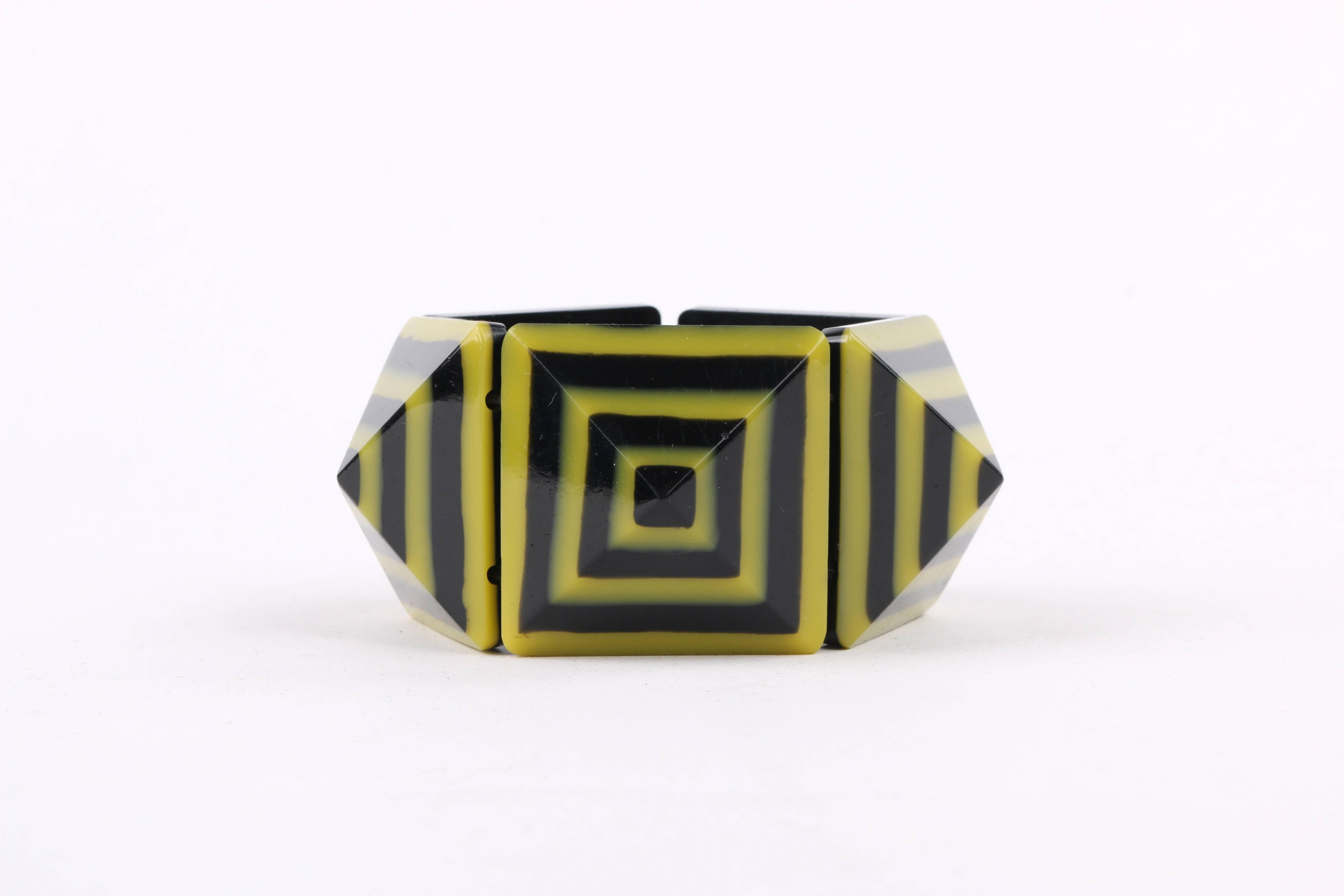 c.1980's Black & Yellow Lucite Pyramid Geometric Stretch Bracelet 1