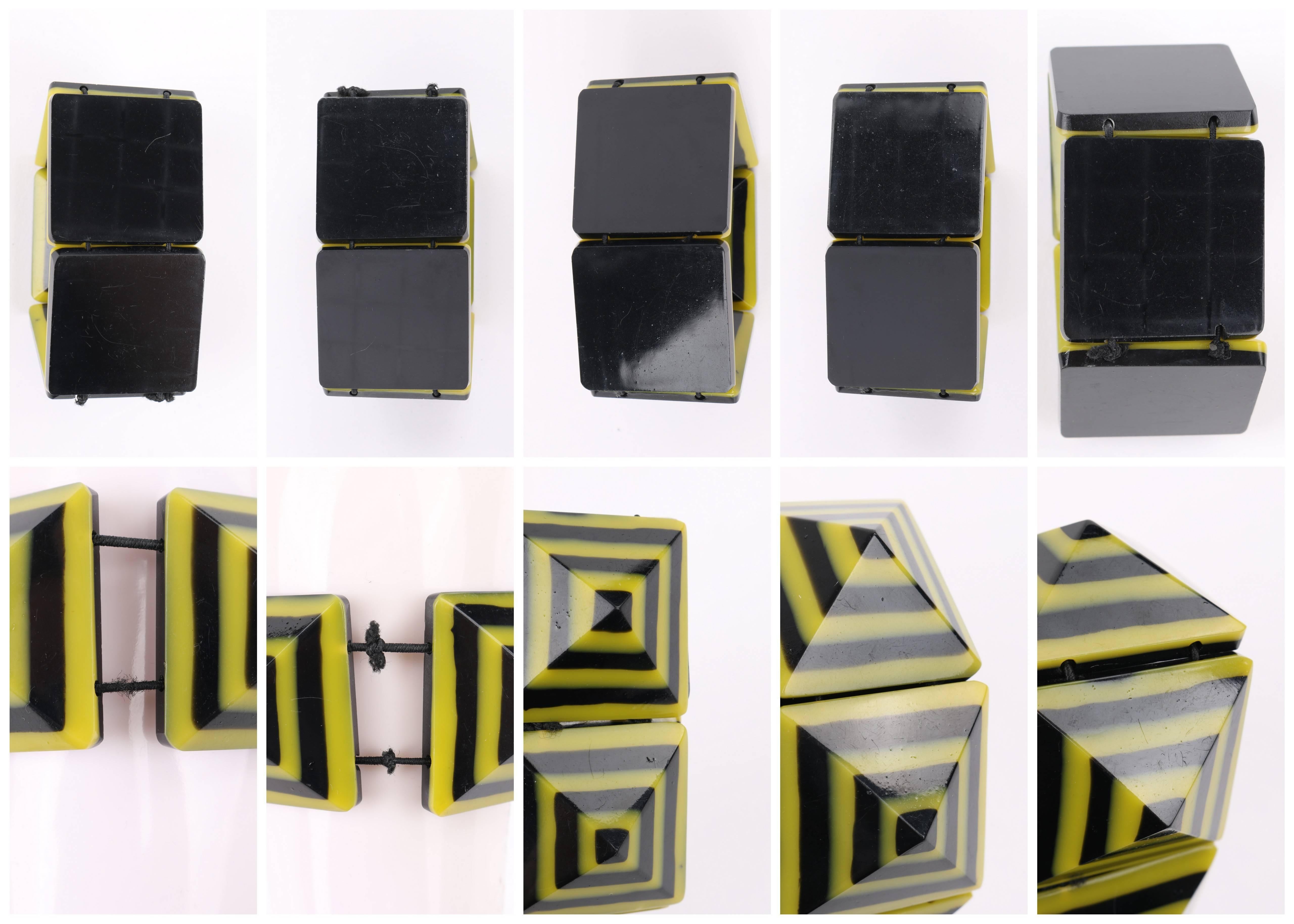 c.1980's Black & Yellow Lucite Pyramid Geometric Stretch Bracelet  6