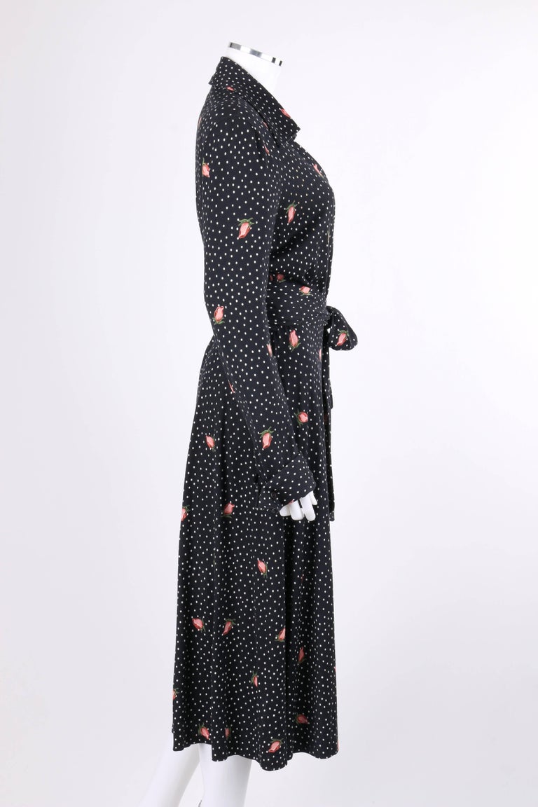 Black DIANE VON FURSTENBERG c.1970s DVF Polkadot Rosebud Print Knit Iconic Wrap Dress