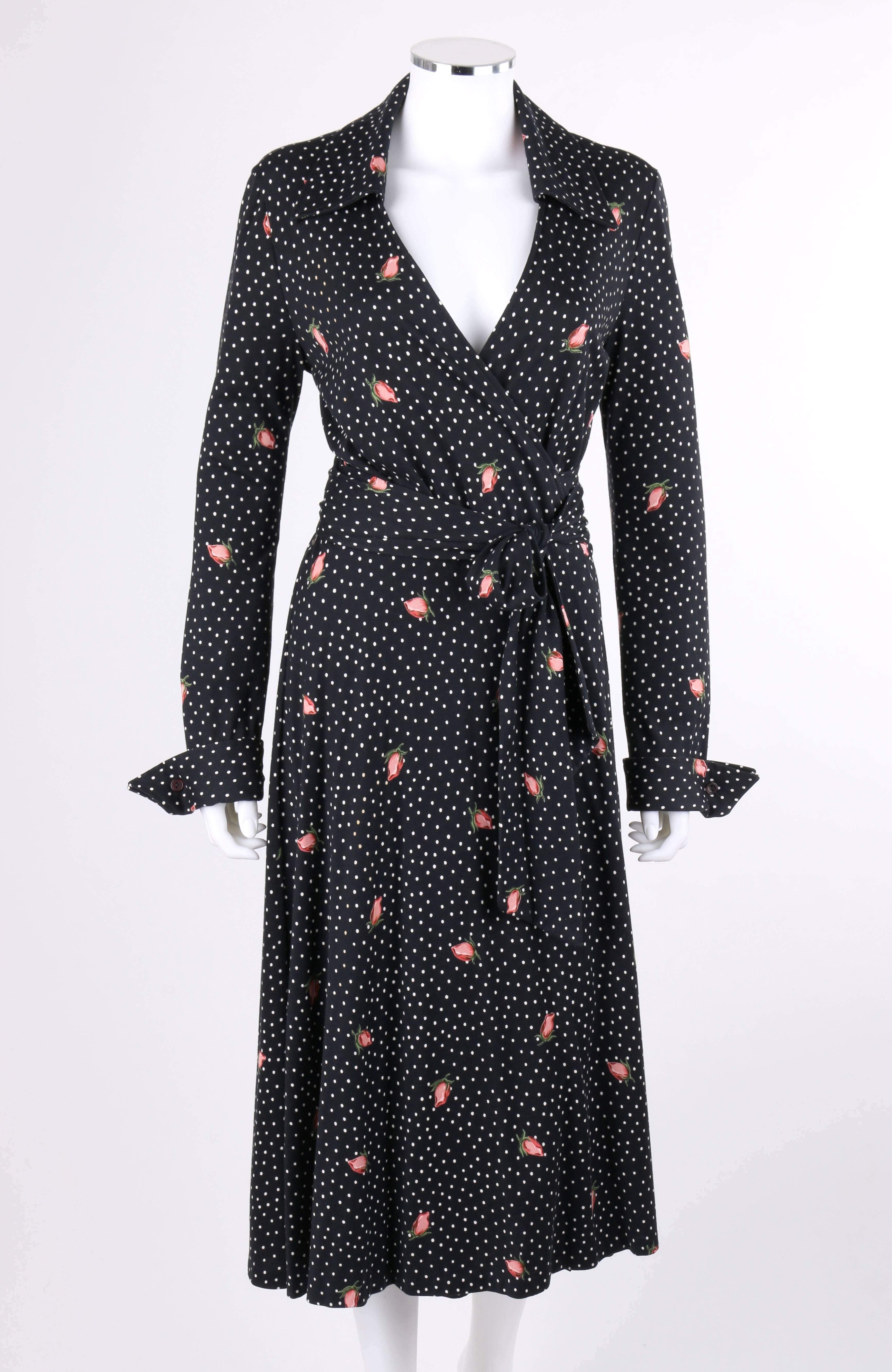 Vintage Diane Von Furstenberg DVF c.1970's polkadot and floral (rosebud) print knit iconic wrap dress. Same print wore by Diane Von Furstenberg herself in 1977. Pink rose bud on black and white polkadot all over print. Shirt collar. Long sleeves.