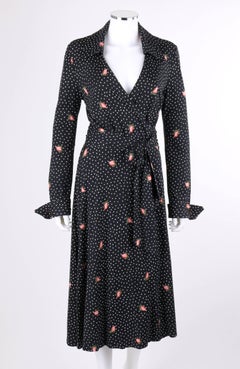 DIANE VON FURSTENBERG c.1970s DVF Polkadot Rosebud Print Knit Iconic Wrap Dress