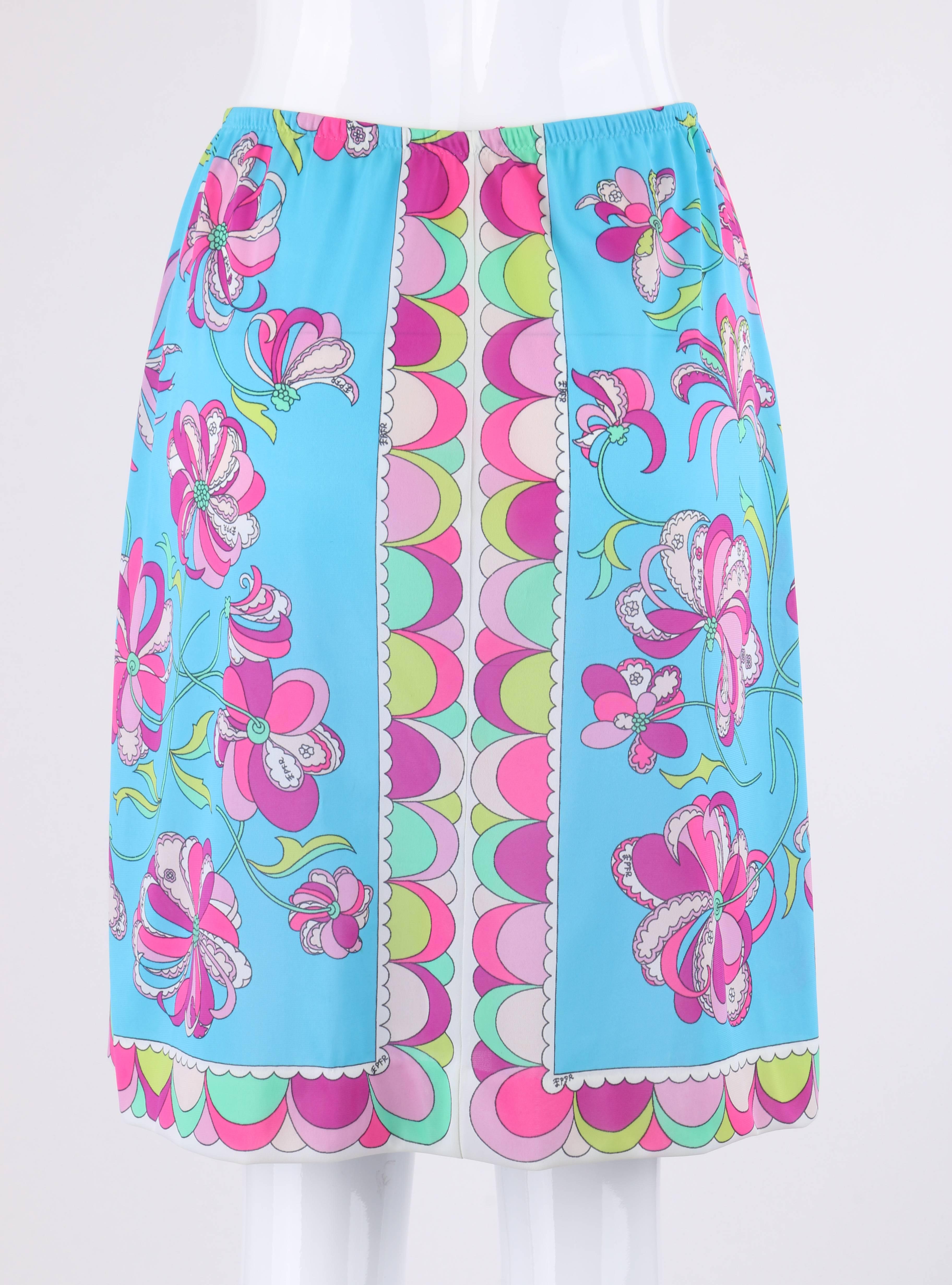 EMILIO PUCCI c.1960's Formfit Rogers Blue Multicolor Floral Print Slip Skirt In Excellent Condition In Thiensville, WI