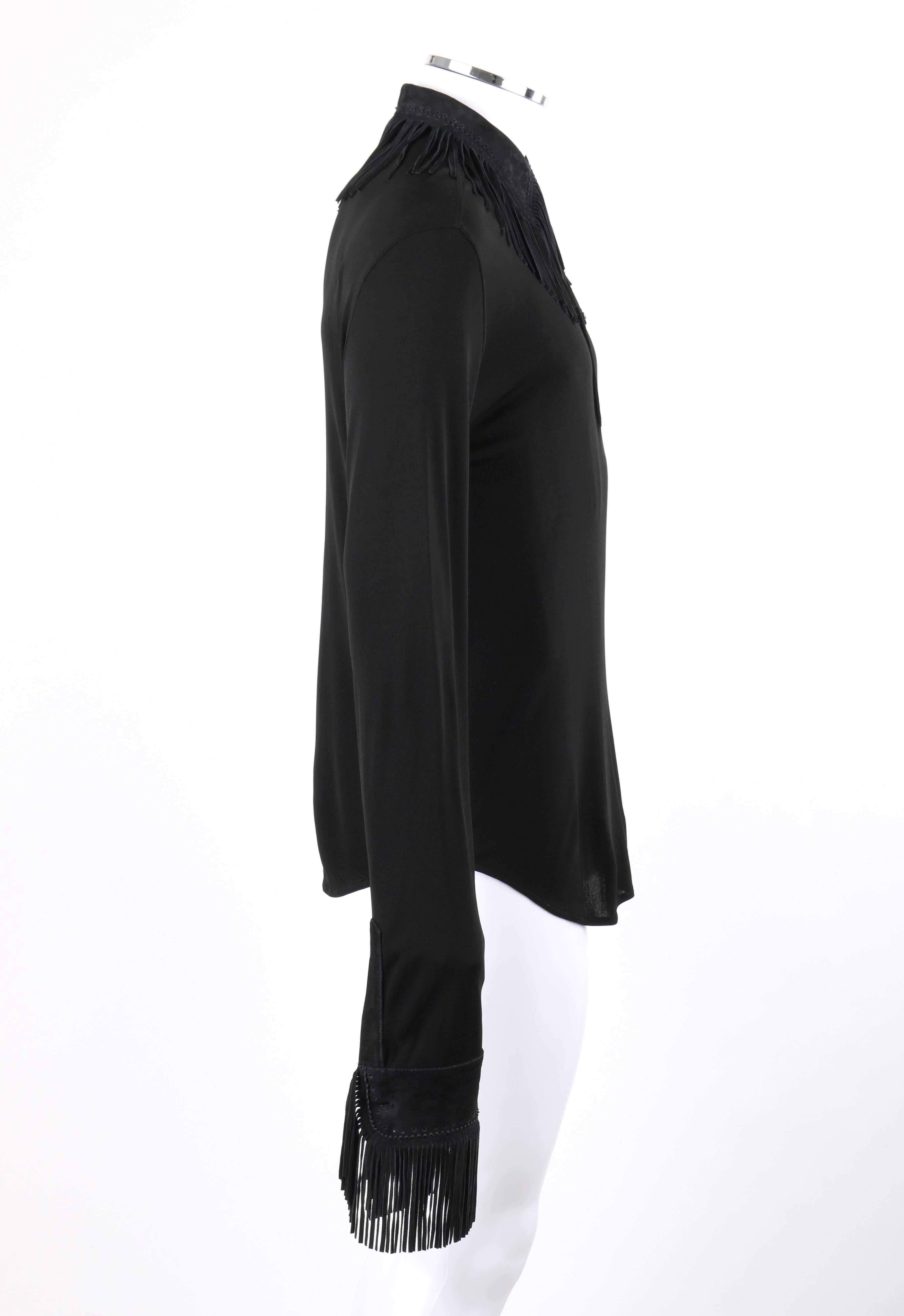 Men's JEAN PAUL GAULTIER Homme Black Knit Long Sleeve Sueded Leather Fringe Shirt Top