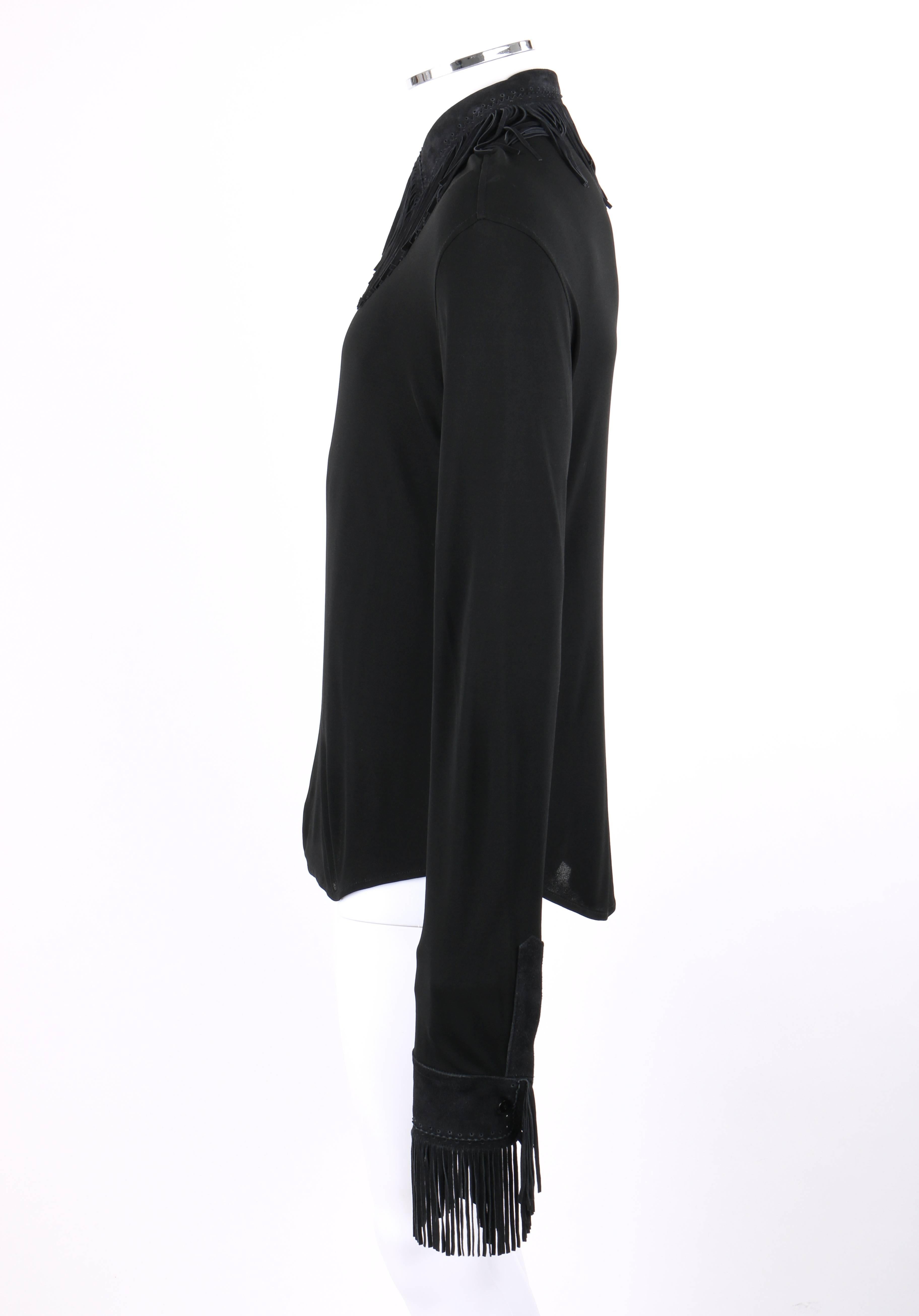 JEAN PAUL GAULTIER Homme Black Knit Long Sleeve Sueded Leather Fringe Shirt Top 1