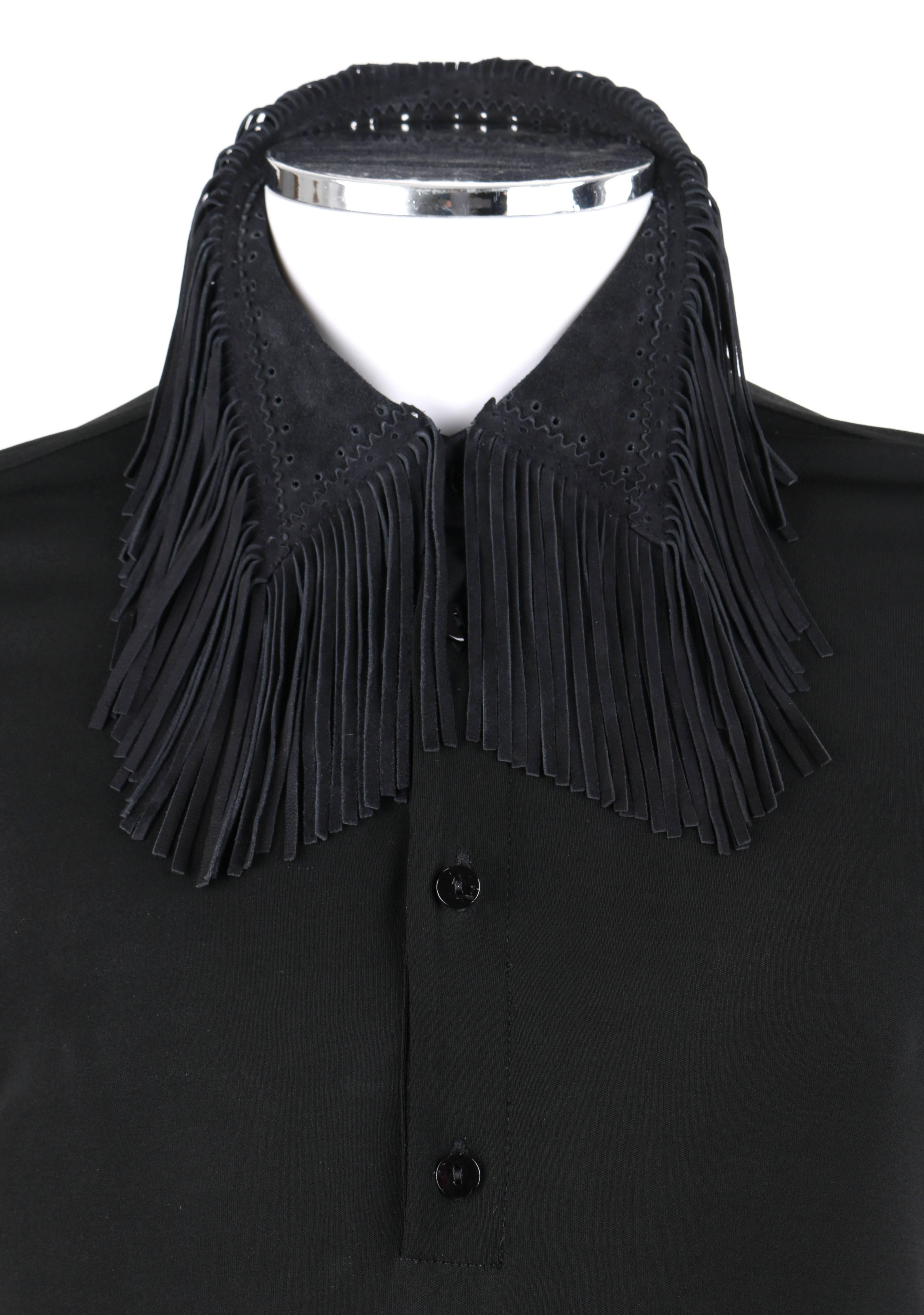 JEAN PAUL GAULTIER Homme Black Knit Long Sleeve Sueded Leather Fringe Shirt Top In Excellent Condition In Thiensville, WI
