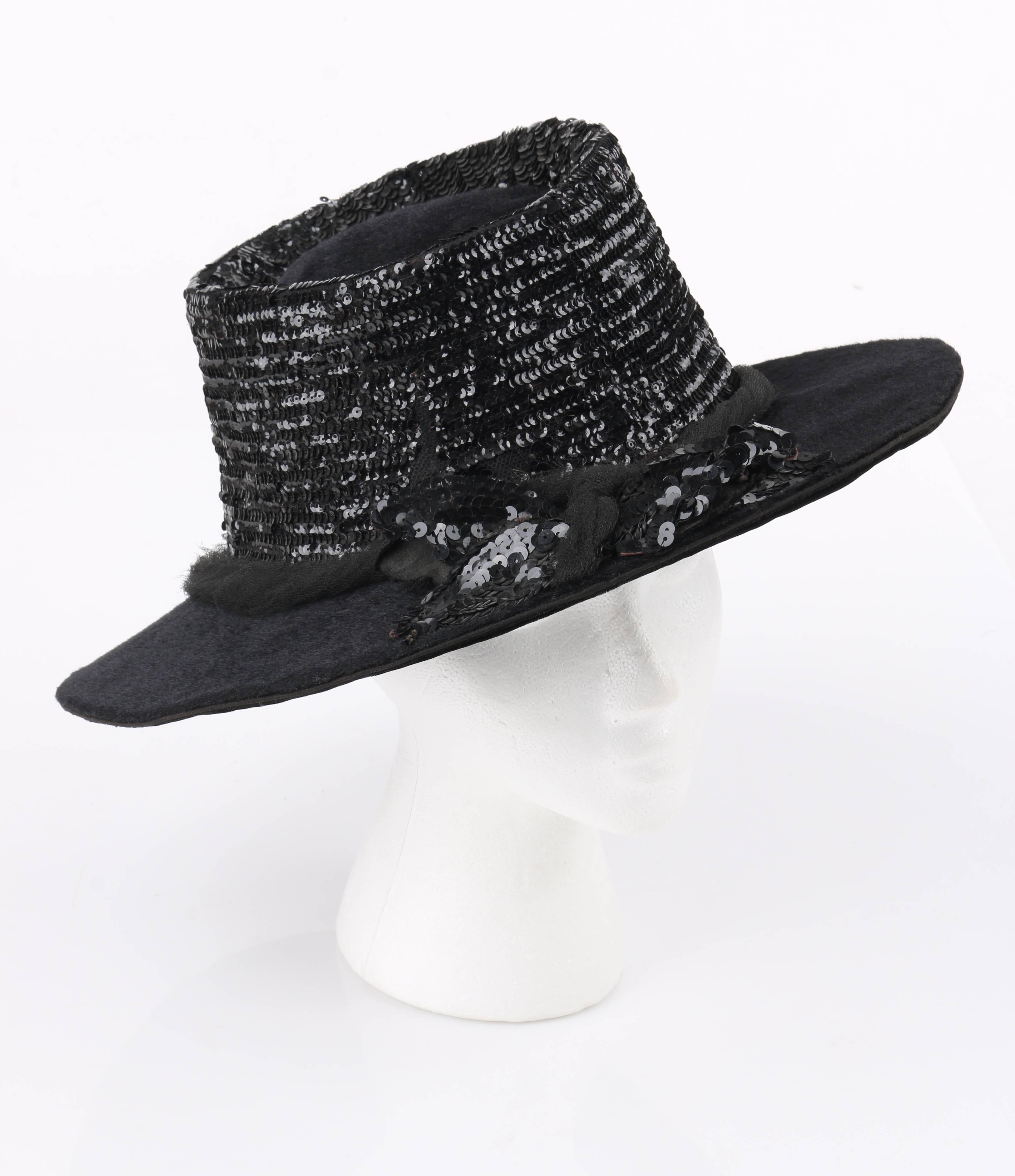 Vintage Edwardian early 1900's black beaver fur felt and sequin embellished afternoon hat. Black beaver fur felt wide brim with black silk velvet at underside. Tall telescope angled crown. Black sequin embellishment along outside and top edge of