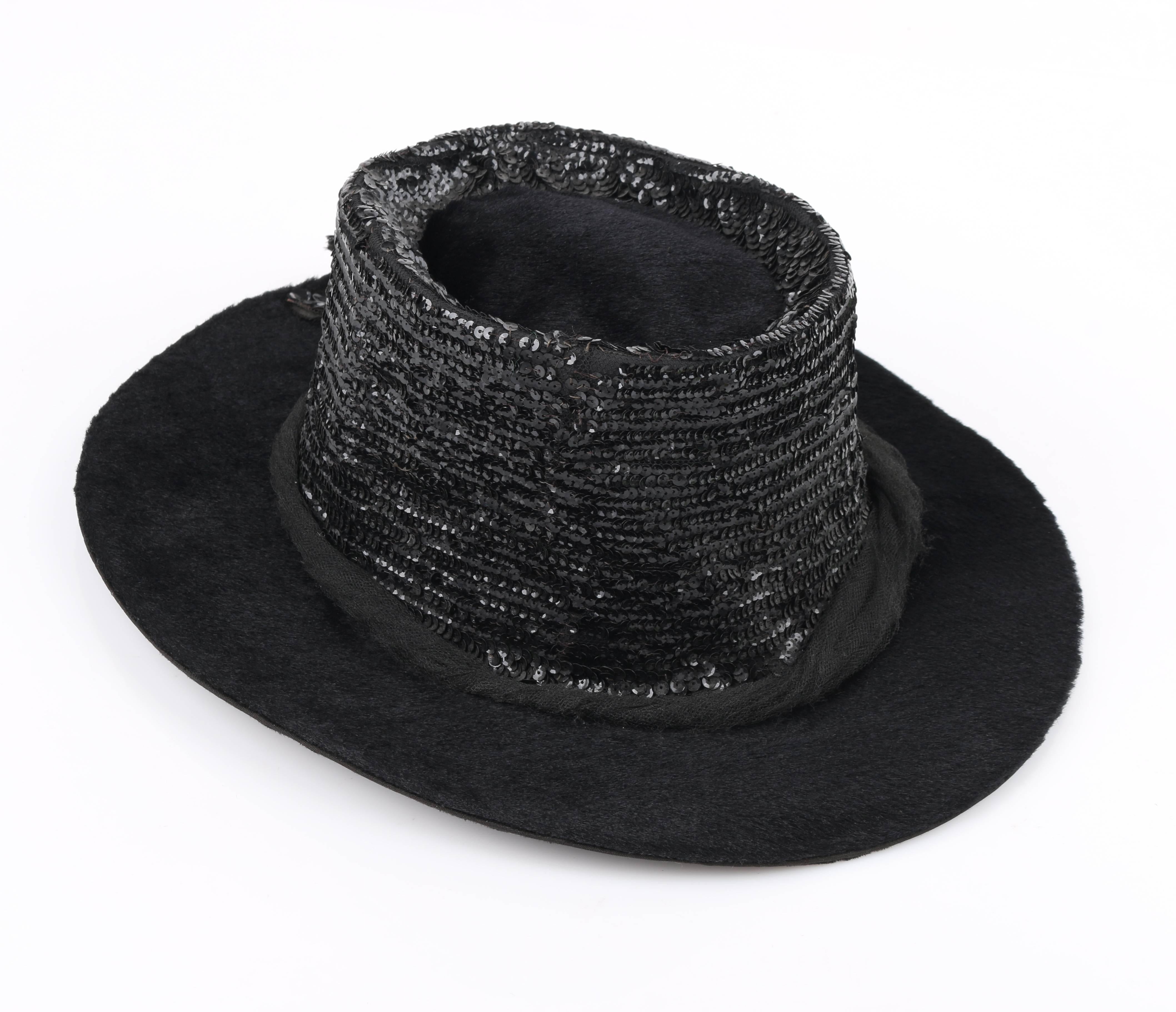 Women's EDWARDIAN c.1900's Black Beaver Fur Felt Sequin Embellished Afternoon Hat