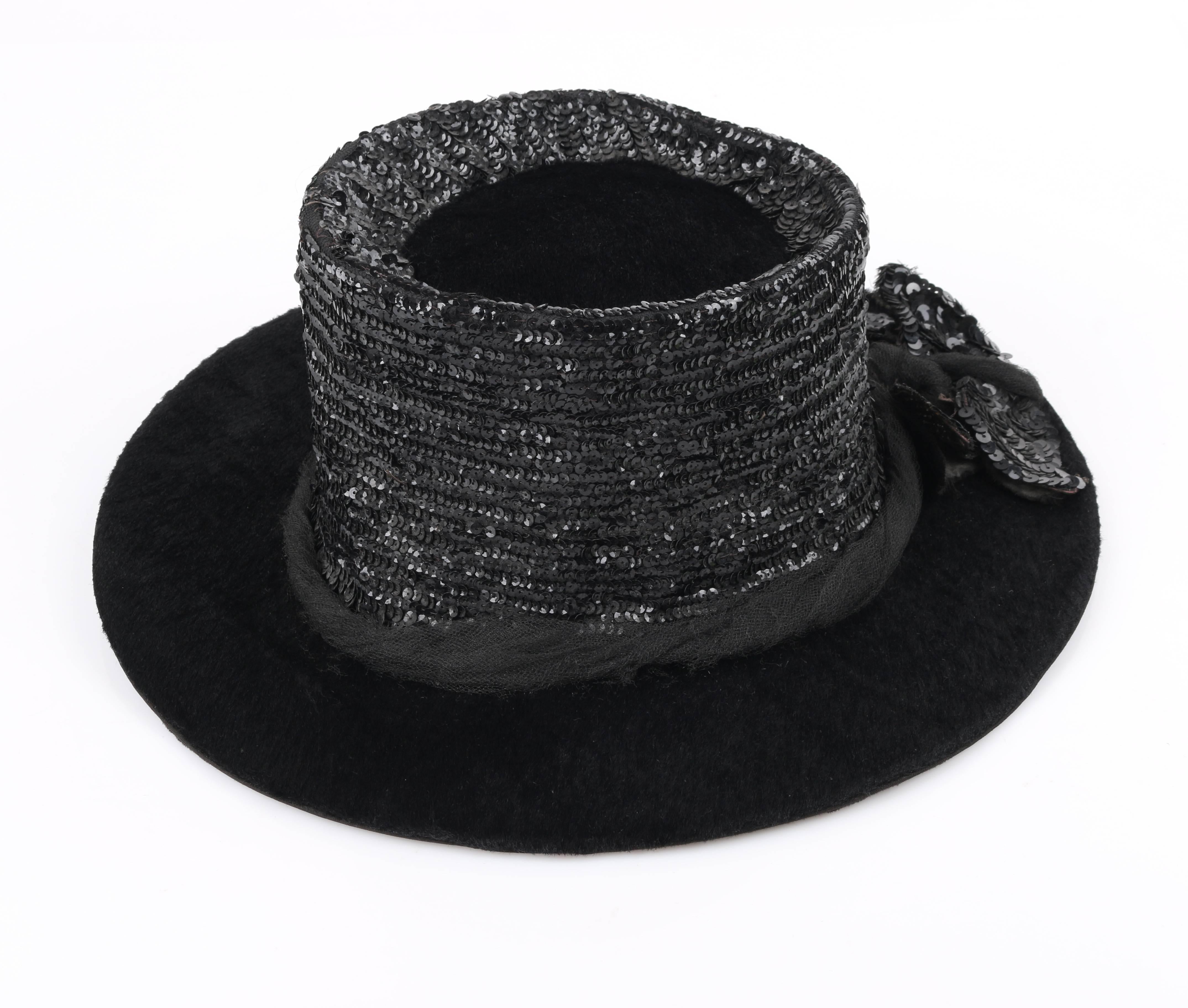 EDWARDIAN c.1900's Black Beaver Fur Felt Sequin Embellished Afternoon Hat 1