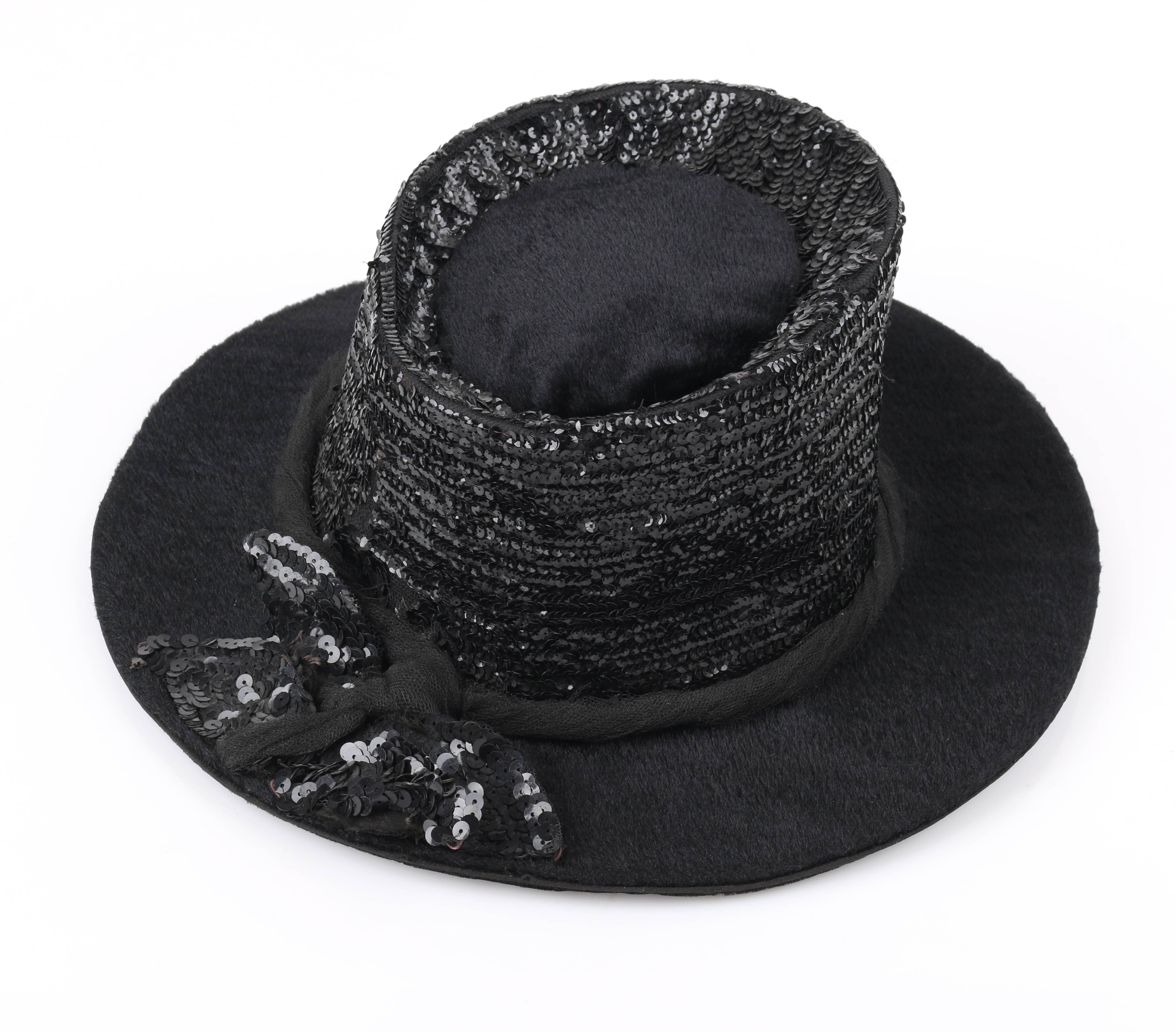 EDWARDIAN c.1900's Black Beaver Fur Felt Sequin Embellished Afternoon Hat In Good Condition In Thiensville, WI