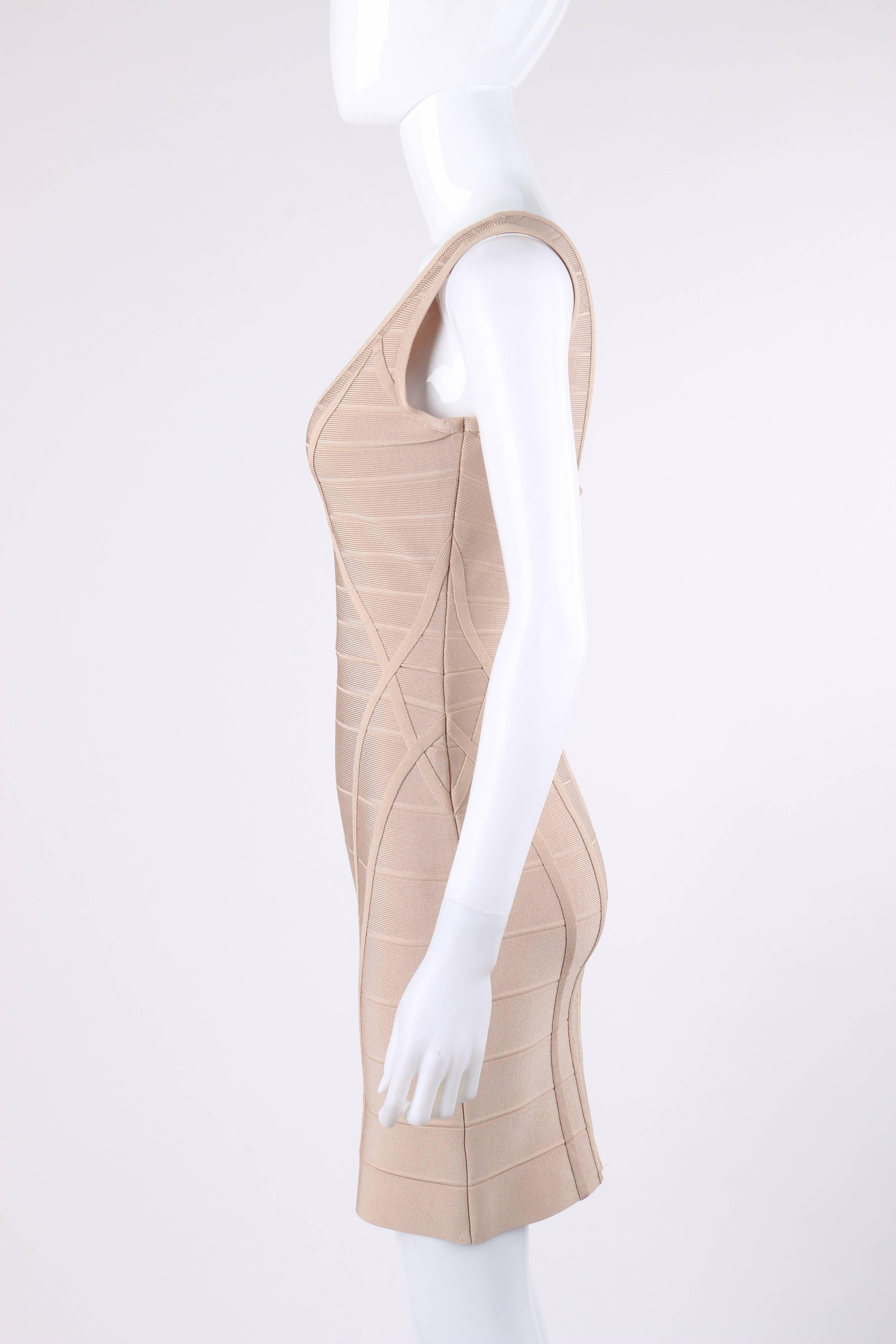 HERVE LEGER Beige V Neck Sleeveless Bandage Knit Bodycon Dress NWT In New Condition In Thiensville, WI