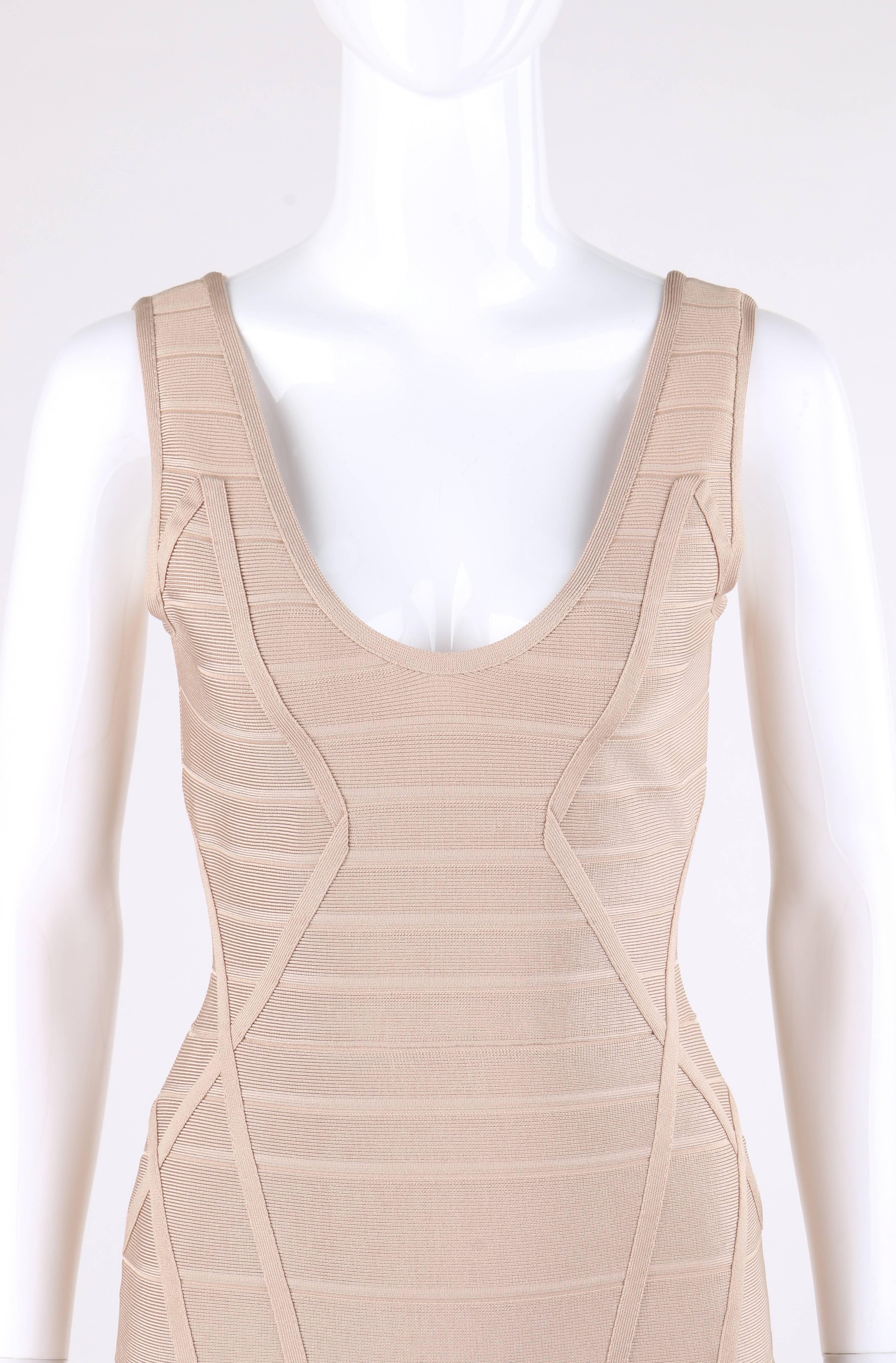 Herve Leger beige v-neck sleeveless bandage knit bodycon dress; New with tags. Designed by Max Azria. Rounded front and back deep v-neckline. Sleeveless. Thin bandage strips detail that curves over waist, hips, and bustline at front and back. Center