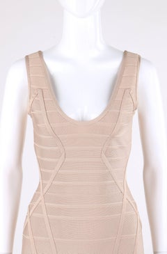 HERVE LEGER Beige V Neck Sleeveless Bandage Knit Bodycon Dress NWT
