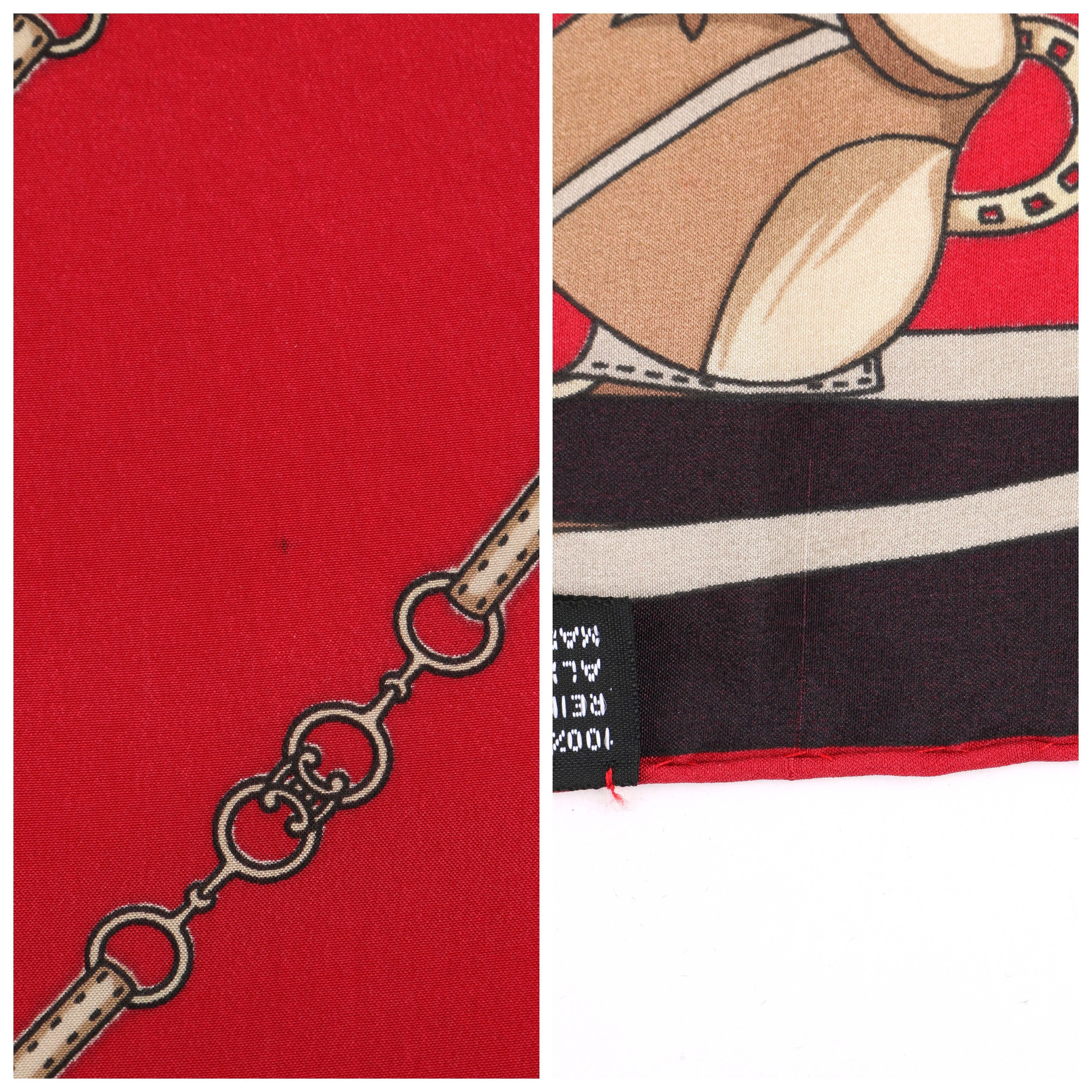 CELINE Red and Black Equestrian Horsebit Print Silk Scarf 1