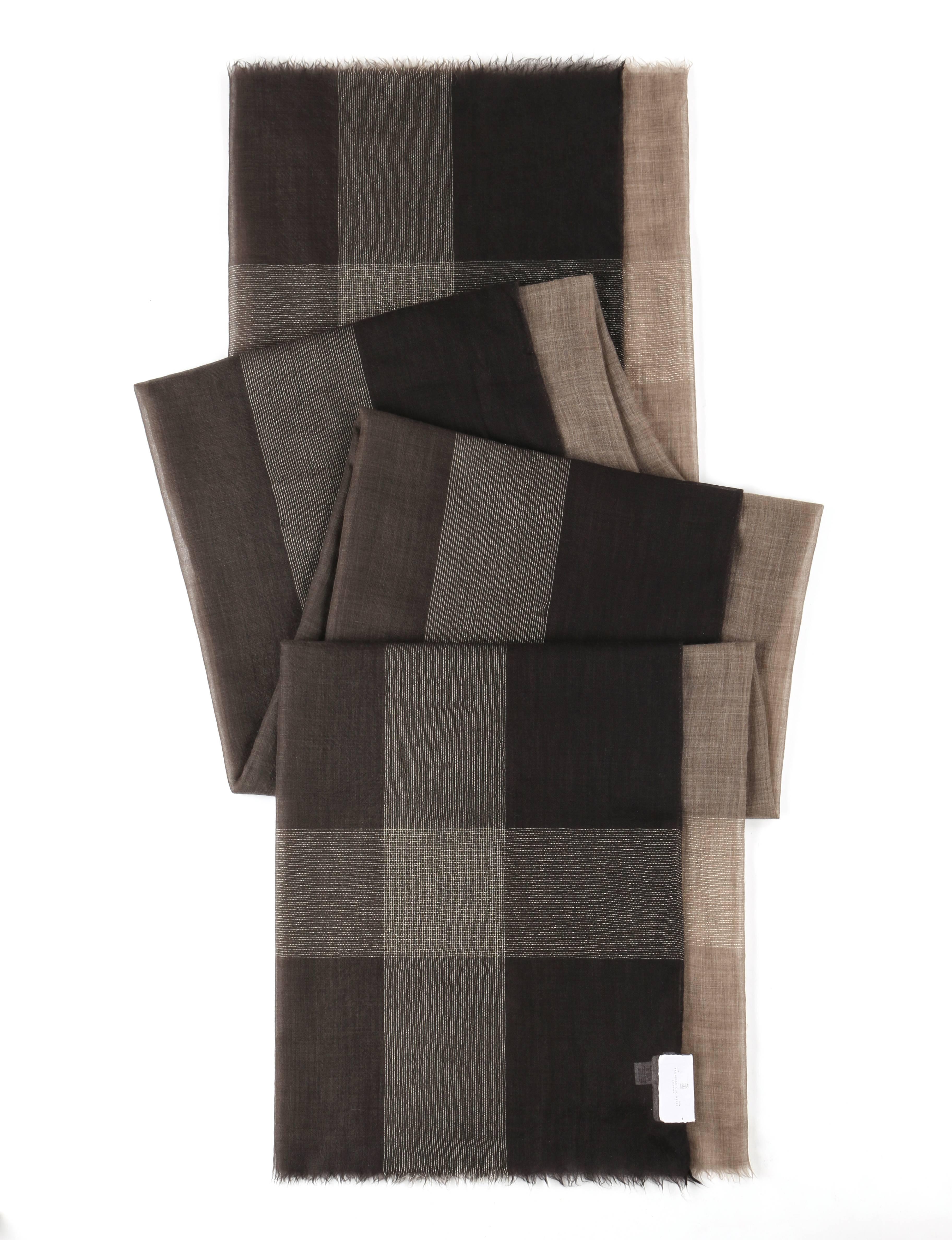 Black Brunello Cucinelli Cashmere A/W 2013 Brown Cashmere Ombre Plaid Large Wrap Scarf