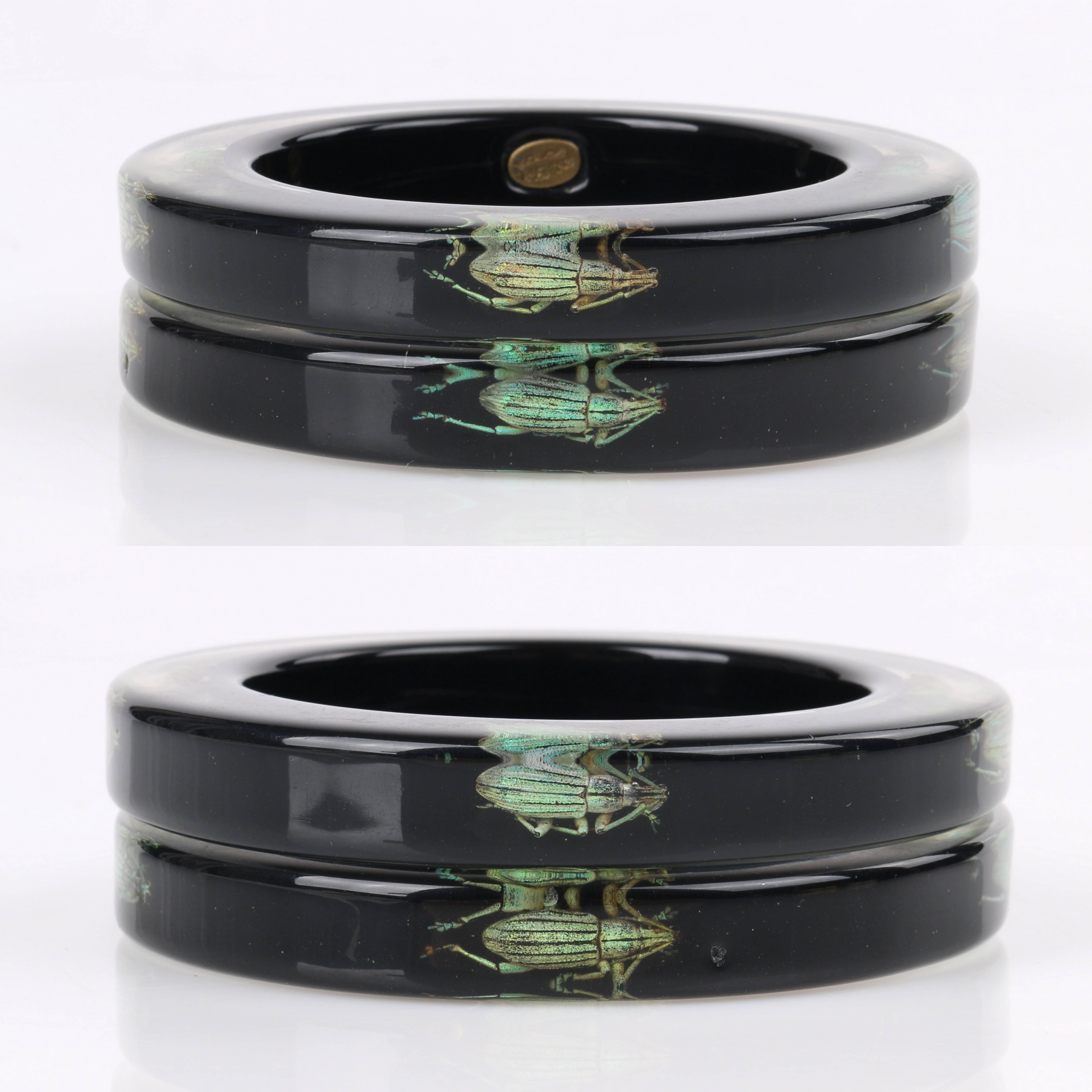 KOLOS DESIGNS 2Pc Black Translucent Lucite Iridescent Beetle Bangle Bracelet Set In Excellent Condition In Thiensville, WI