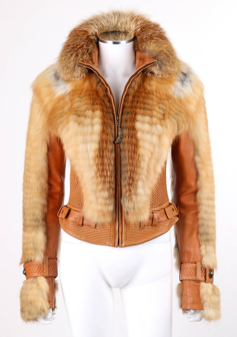 ROBERTO CAVALLI Just Cavalli A/W 2007 Tan Leather Genuine Fox Fur Moto Jacket  For Sale at 1stDibs