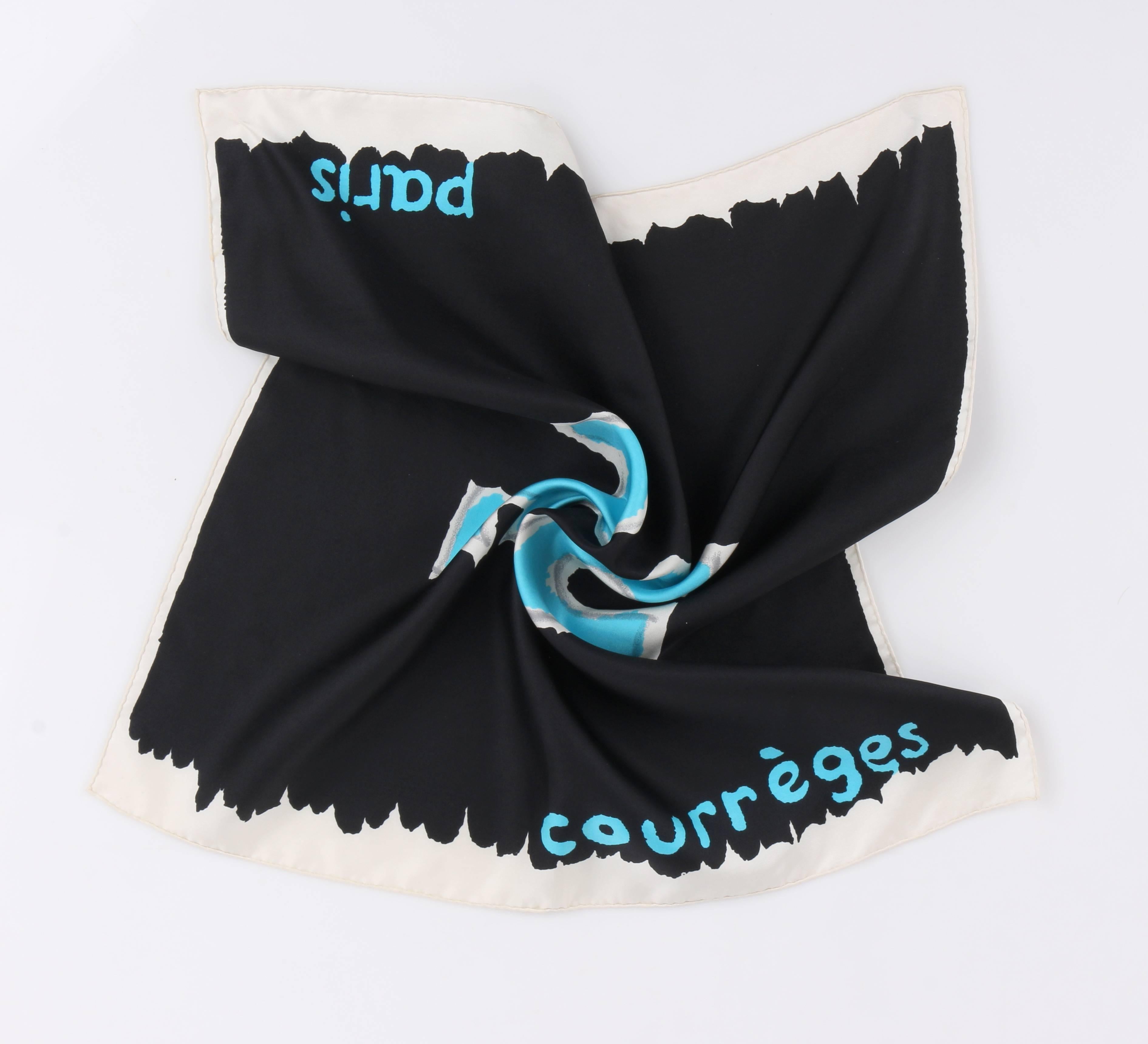 Vintage Courreges c.1960's black silk square logo scarf / handkerchief designed by Andre Courreges. Black center with painterly edges at top and bottom. Winter white boarder. Turquoise blue and winter white painterly printed 