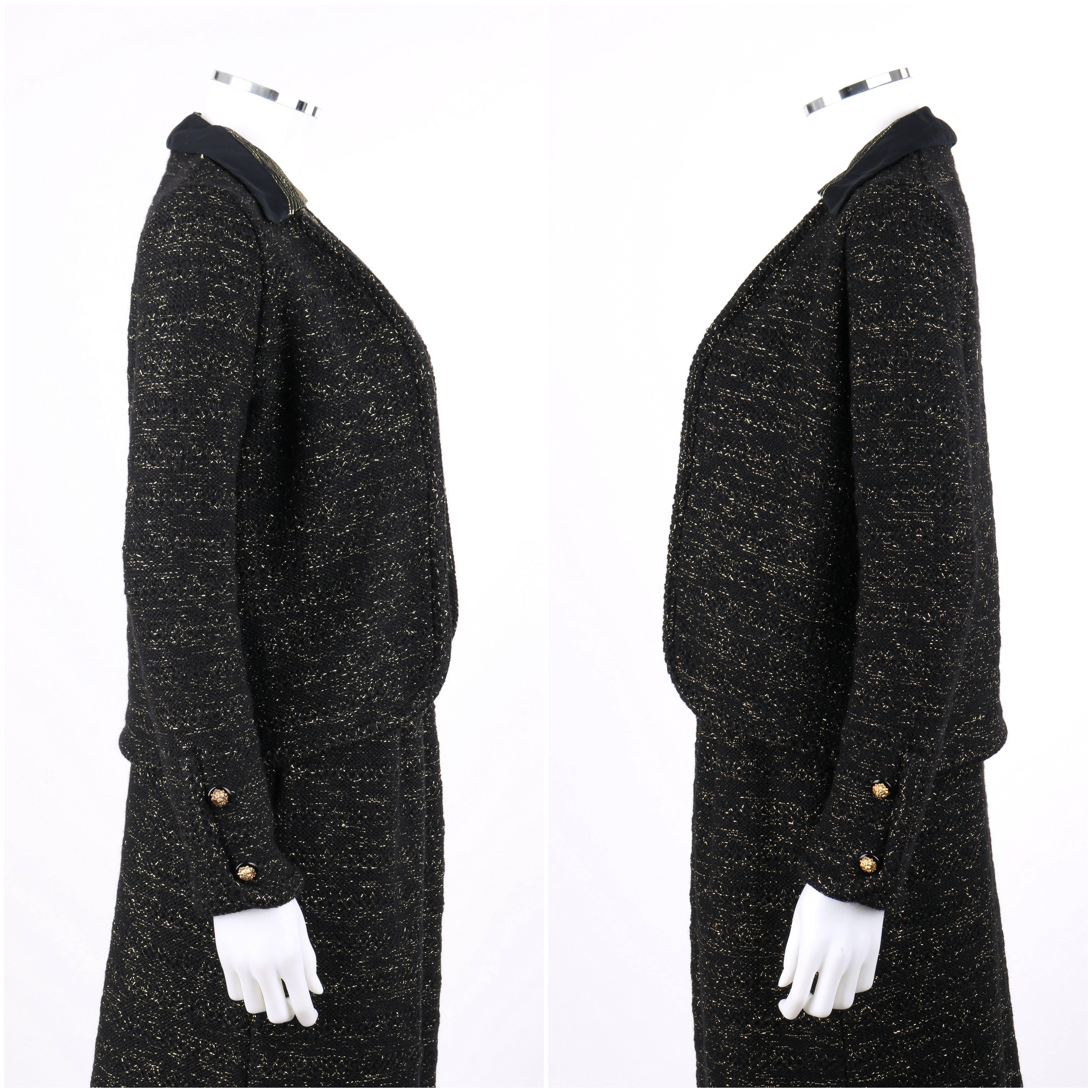 Black CHANEL Creations c.1970s 4 Pc Wool & Lurex Jacket Blouse Skirt Suit Set w/ Scarf