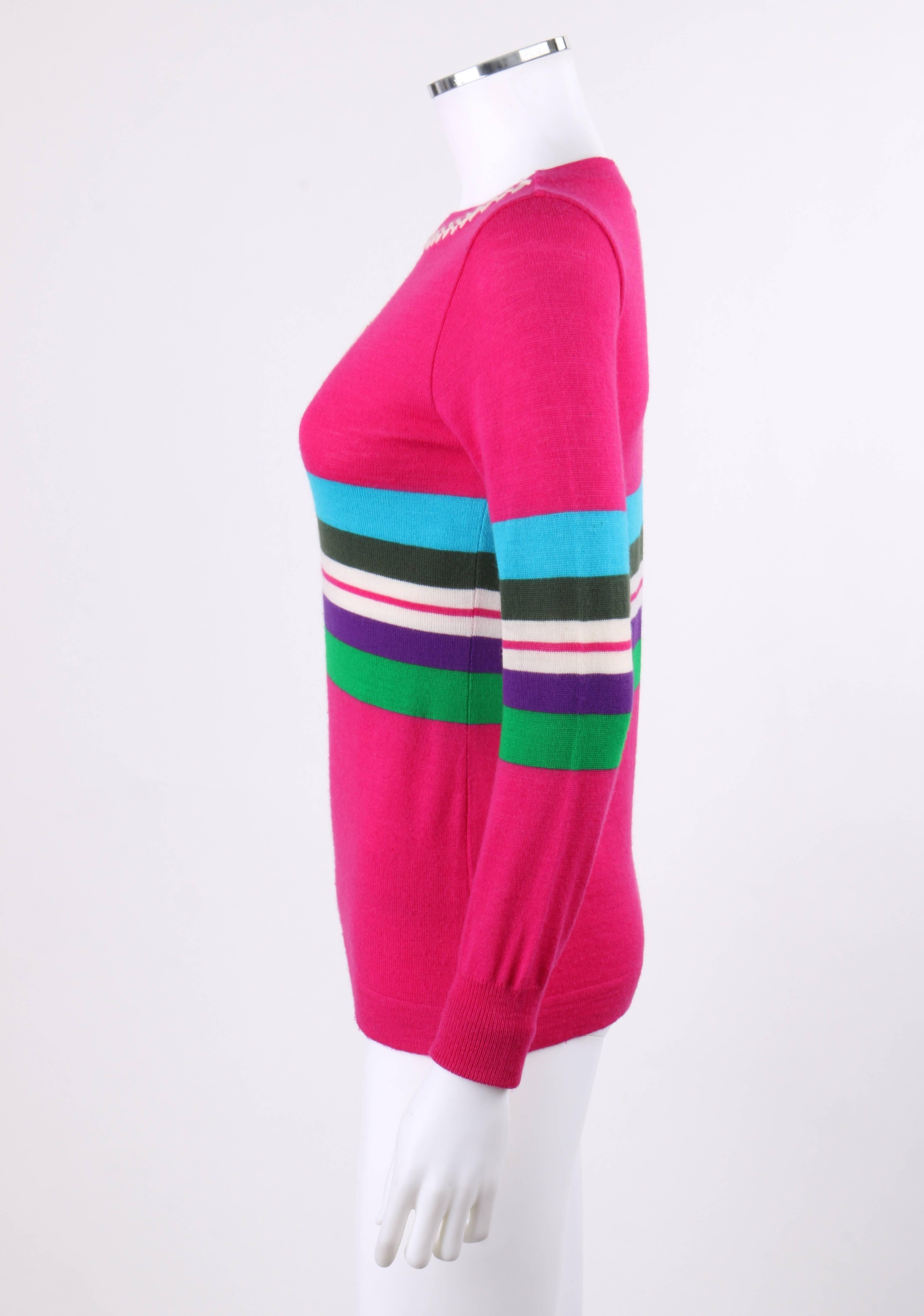Women's EMILIO PUCCI c.1970's Fuchsia Pink Wool Striped Knit Sweater Crewneck Top
