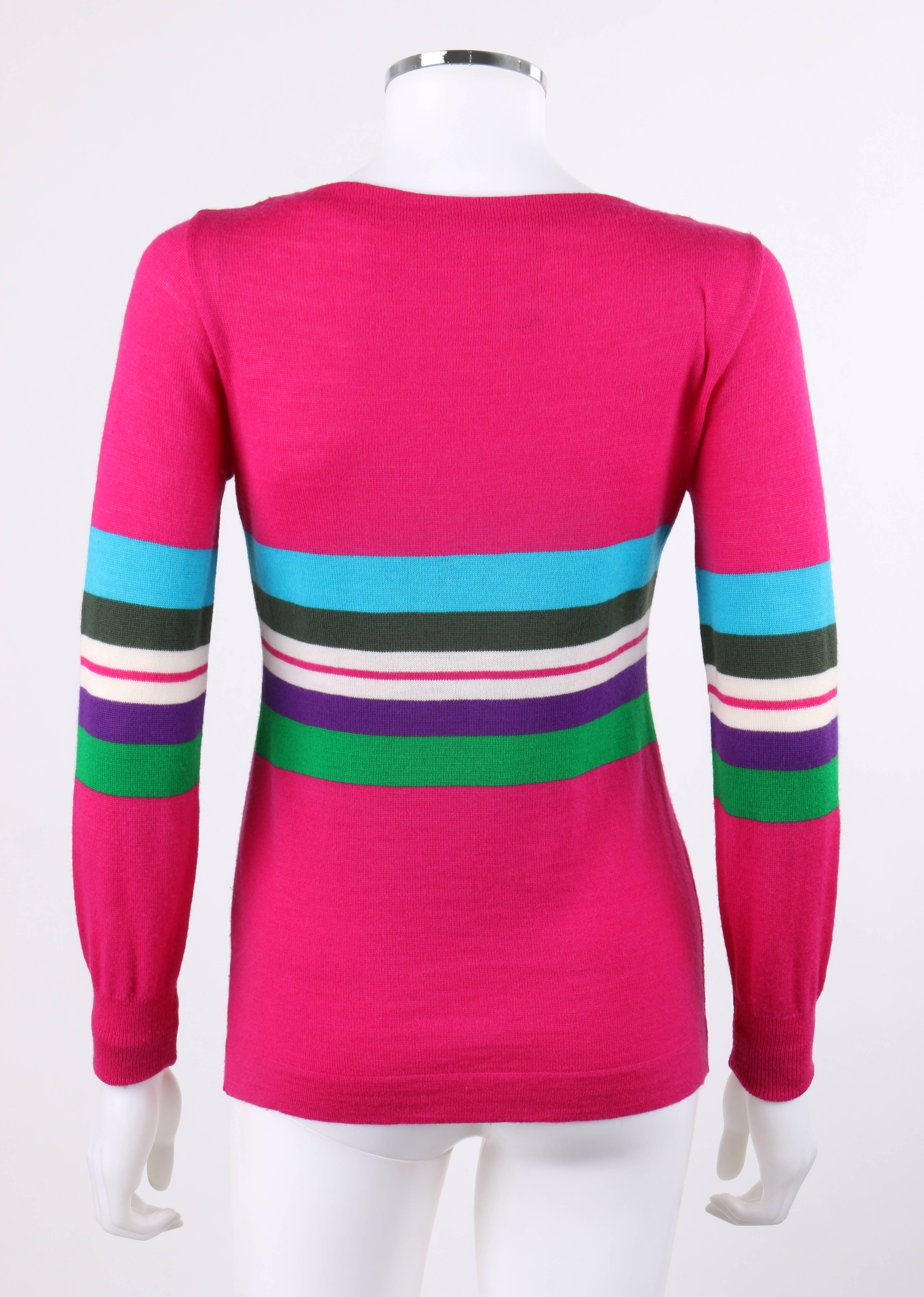 EMILIO PUCCI c.1970's Fuchsia Pink Wool Striped Knit Sweater Crewneck Top In Excellent Condition In Thiensville, WI