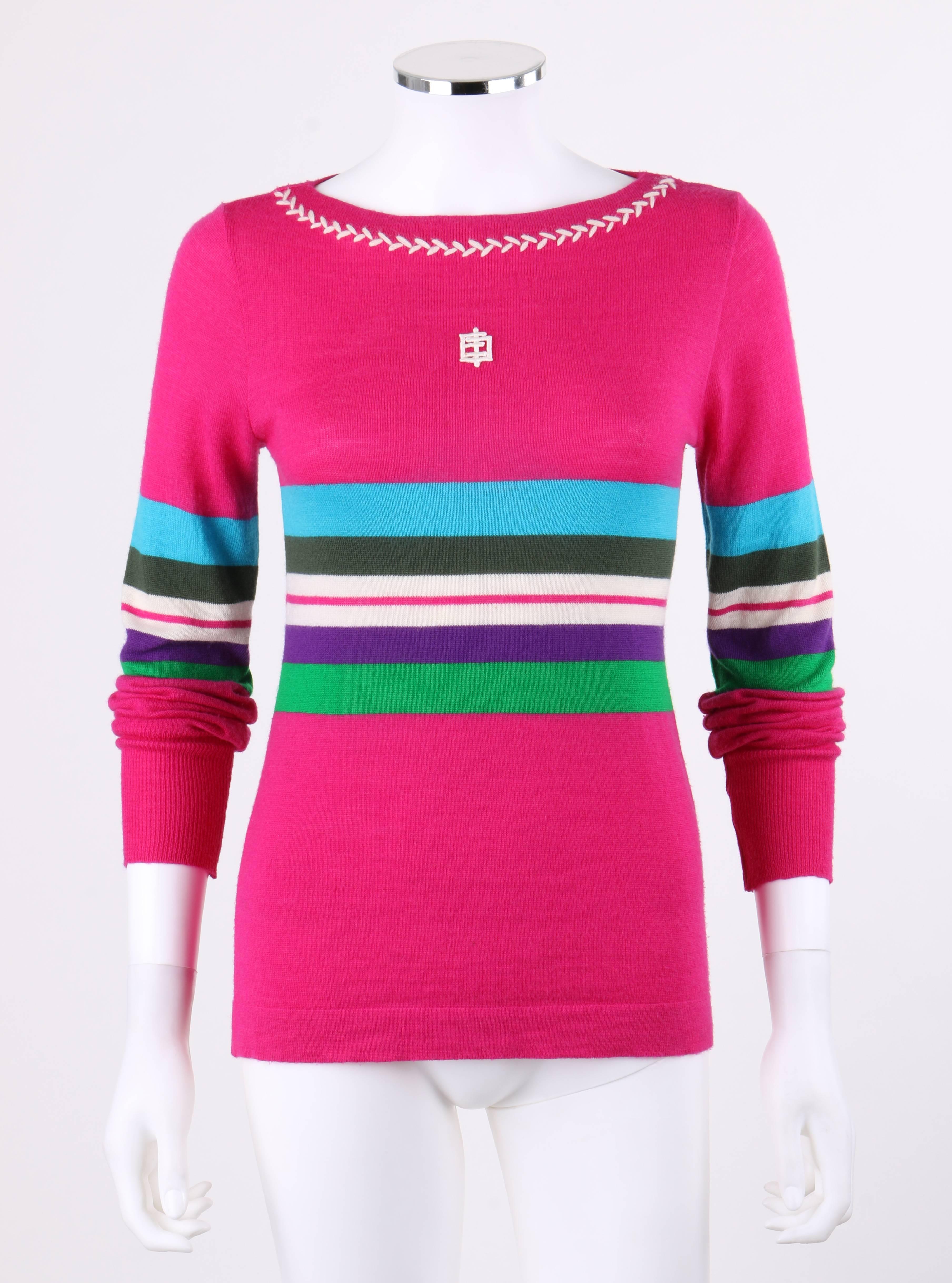 Vintage Emilio Pucci c.1970's fuchsia pink wool striped sweater.  Fuchsia pink wool with multi-color horizontal striped pattern across center in shades of teal, green, white, and purple. White center front 